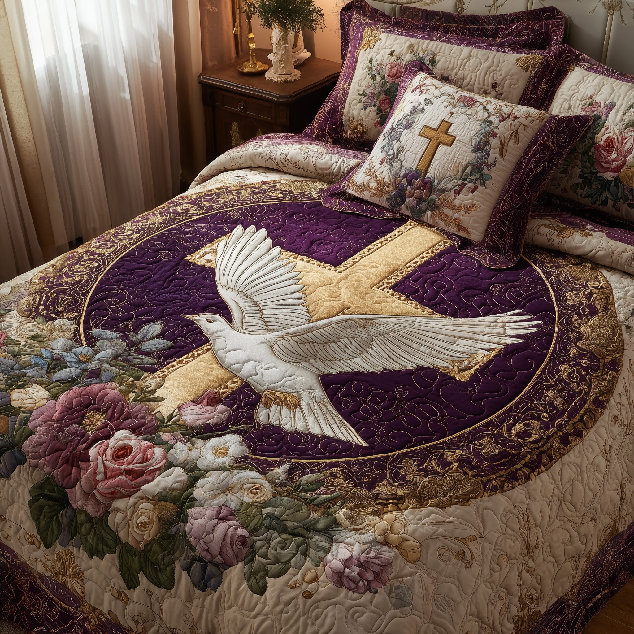 Peaceful Cross Quilted Bedding Set Duvet Cover Bedspread Faith Based Easter Gifts