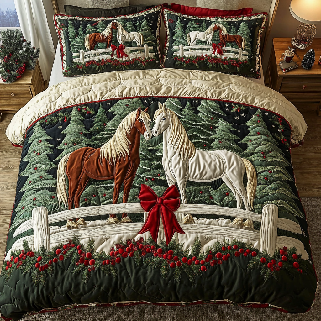 Peaceful Fence Quilted Bedding Set Holiday Duvet Cover Set Gifts For New Horse Owners