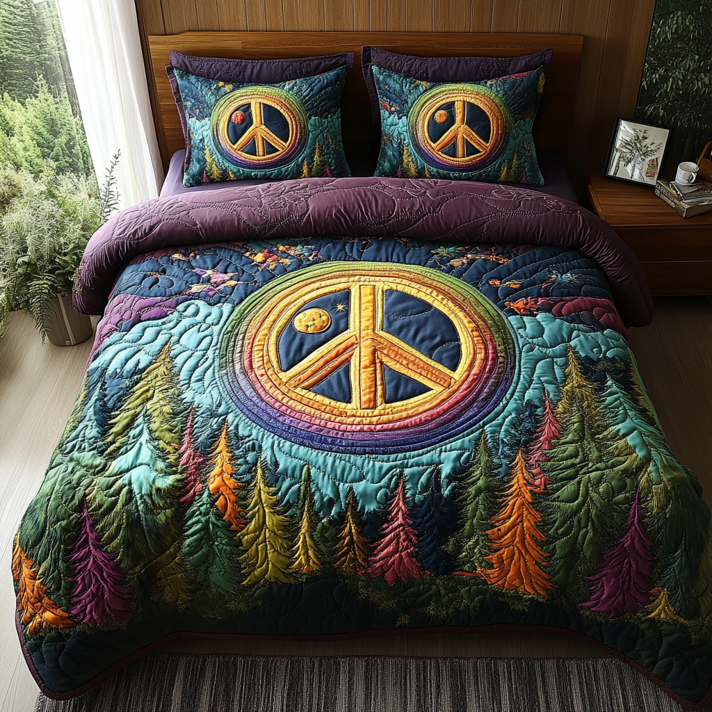 Peaceful Forest Vibes Quilted Bedding Set Bed Decor Christmas Presents For Hippies