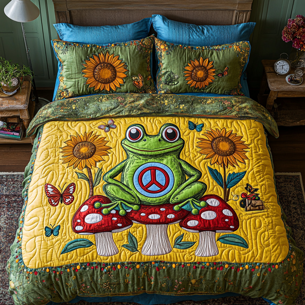 Peaceful Frog Quilted Bedding Set Bedspread Set Frog Gifts For Her