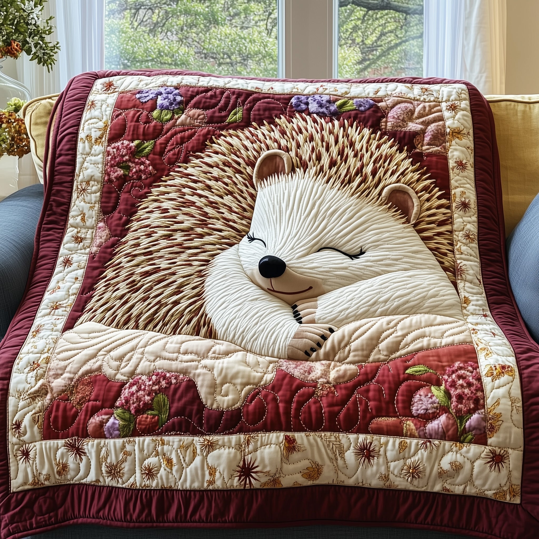 Peaceful Hedgehog Slumber Quilted Blanket Merchandise Throw BlanketGift For Hedgehog Lovers