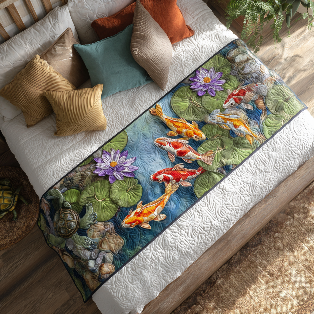 Peaceful Koi Quilted Bed Runner Bed Decorations Koi Fish Merchandise Items