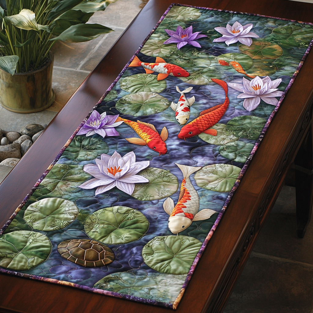 Peaceful Koi Quilted Table Runner Kitchen Table Decor Koi Fish Merchandise Gifts