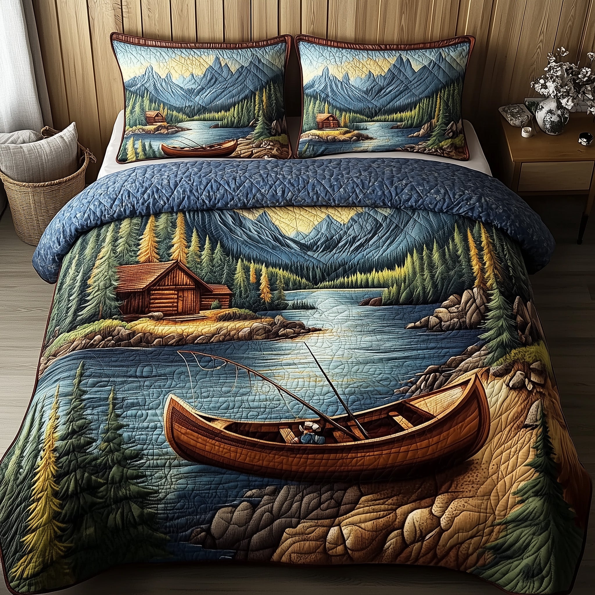 Peaceful Lakeside Quilted Bedding Set Duvet Cover Merchandise Best Camping Gifts For Him