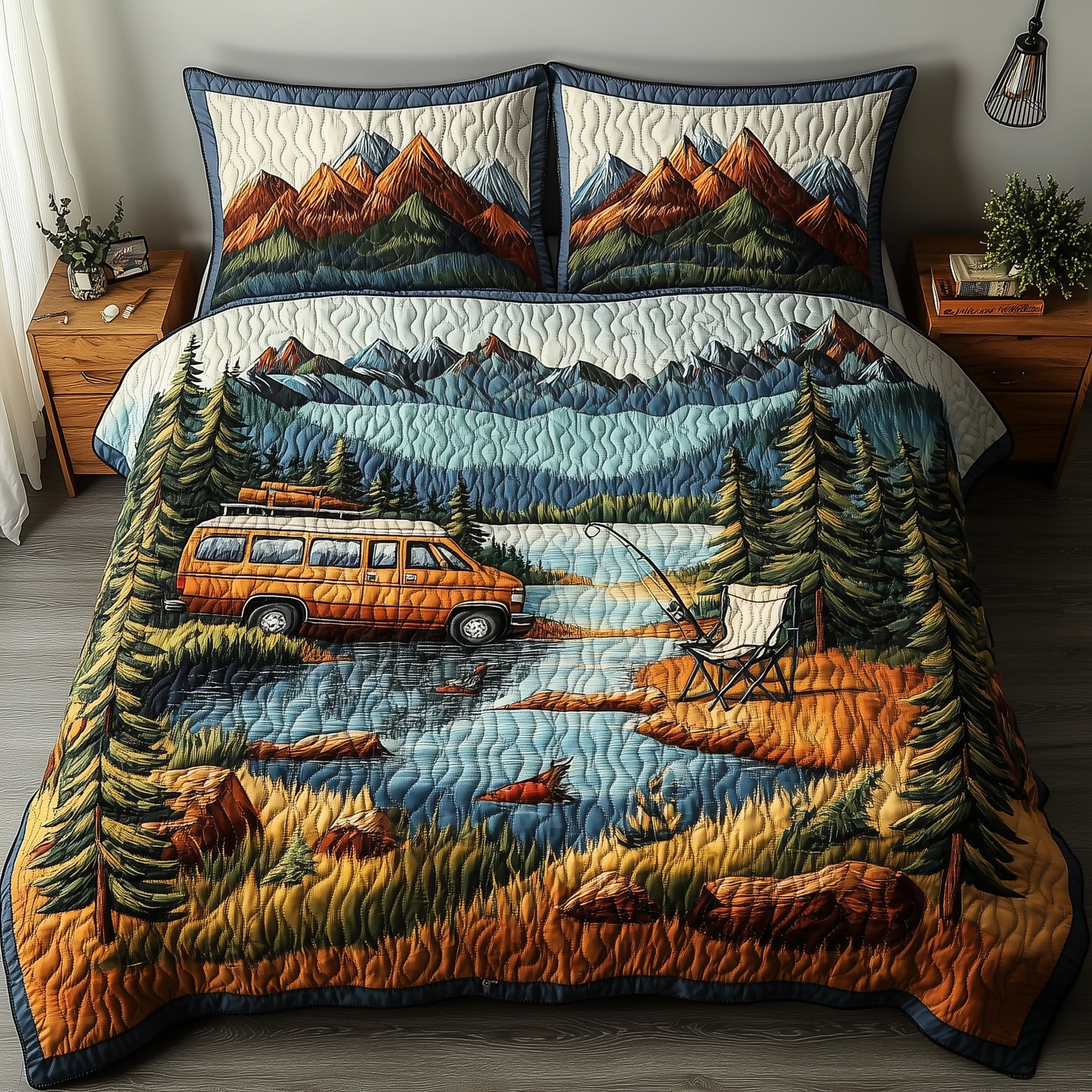 Peaceful Lakeside Quilted Bedding Set Duvet Cover Merchandise Camping Gifts For Men Women