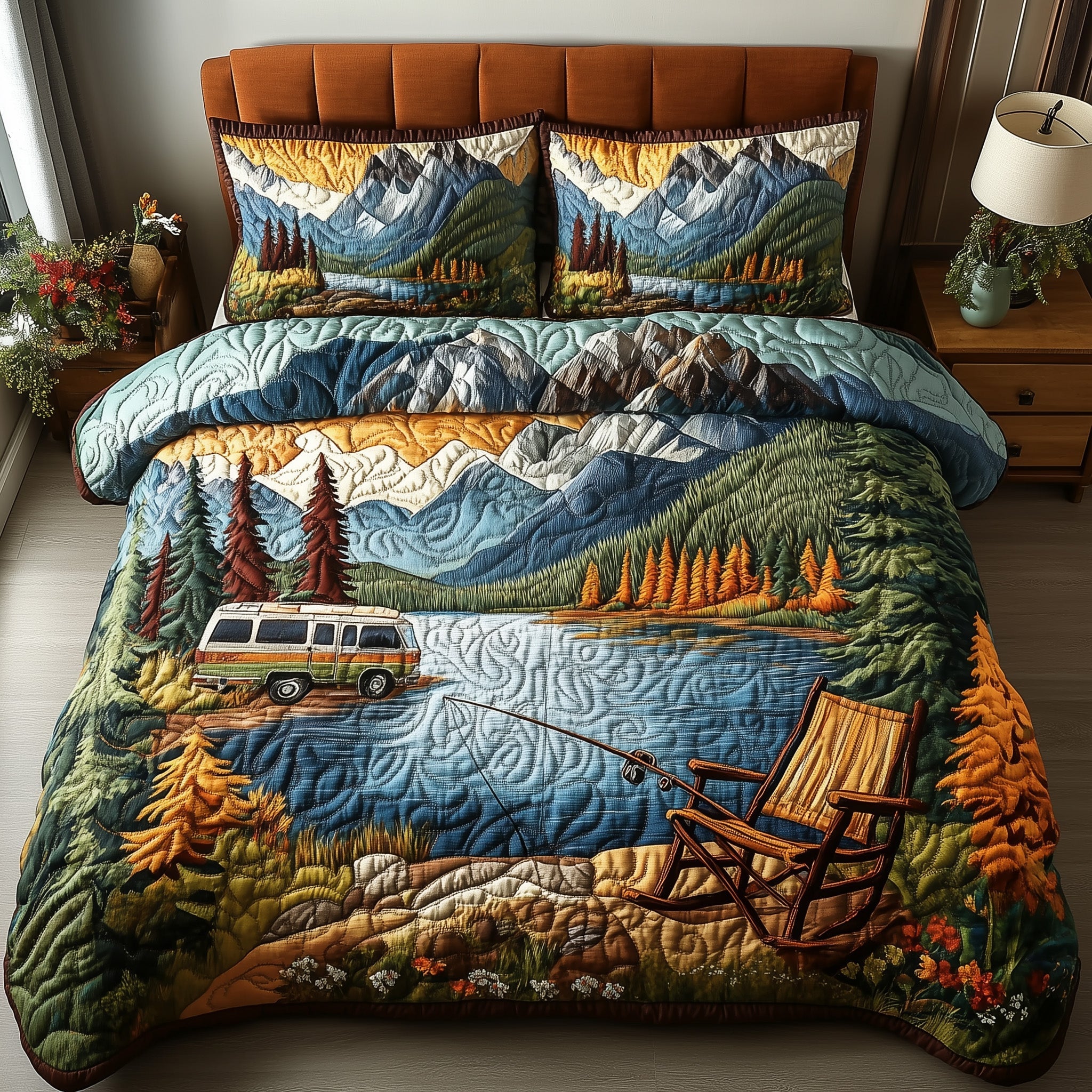Peaceful Lakeside Quilted Bedding Set Duvet Cover Merchandise Gift For Campers