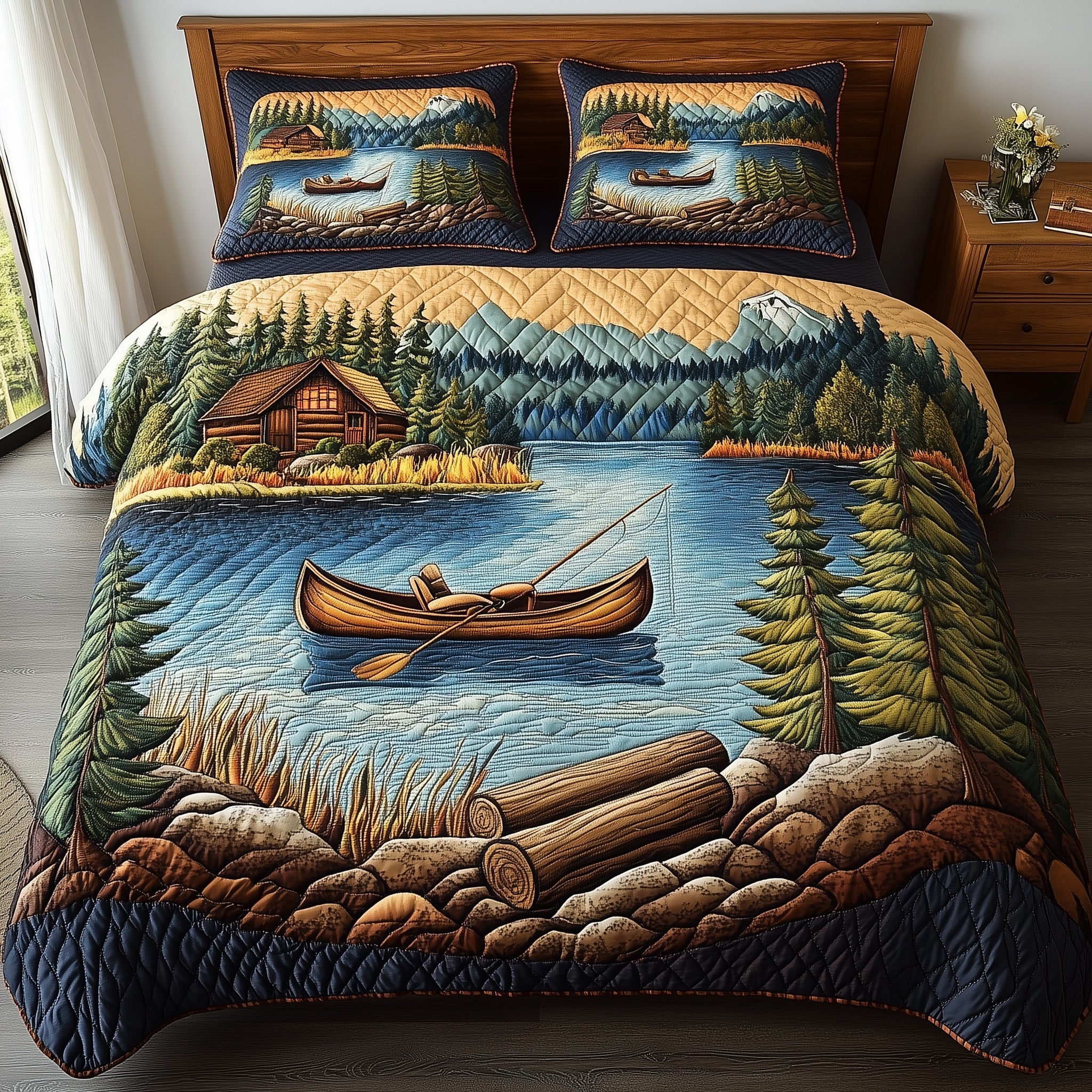 Peaceful Lakeside Quilted Bedding Set Duvet Cover Merchandise Gifts For Camping Lovers