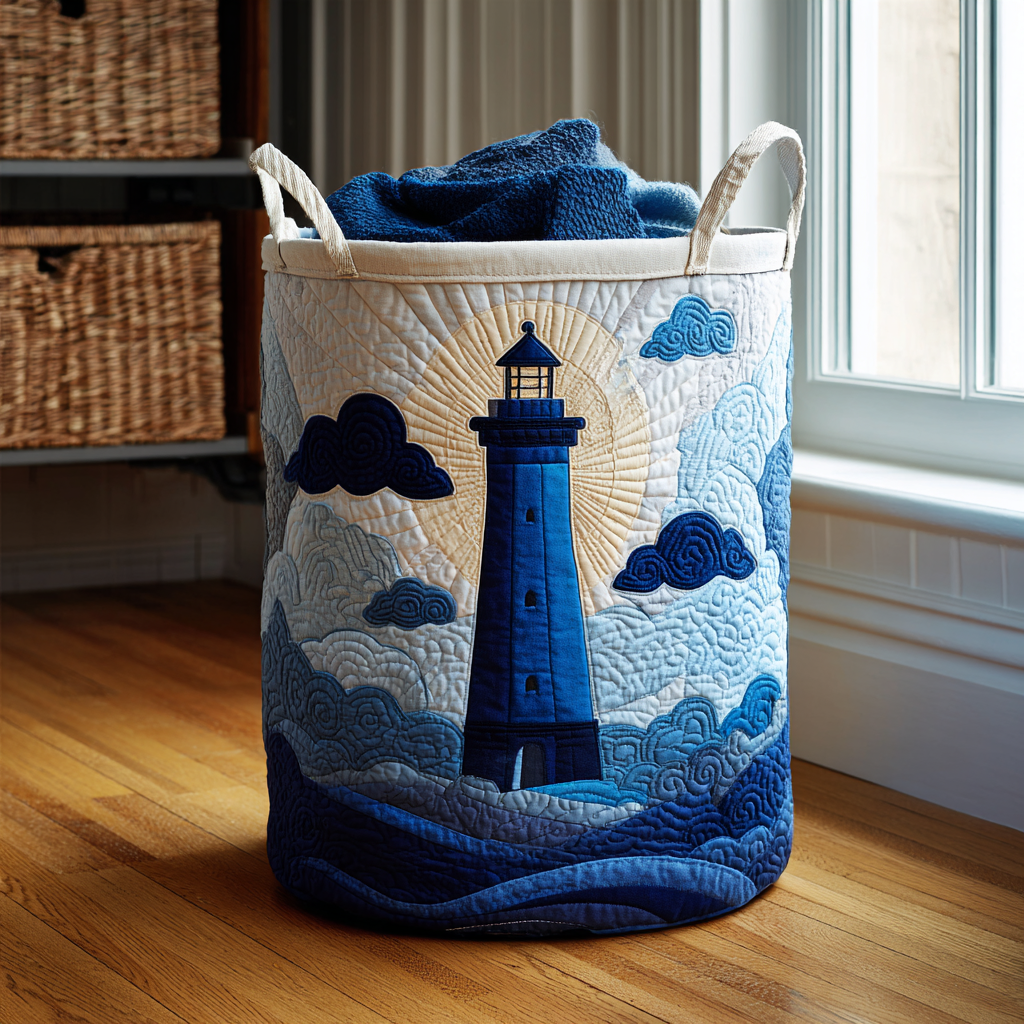 Peaceful Lighthouse Quilted Laundry Basket Lightweight Quilted Laundry Bag for Modern Homes