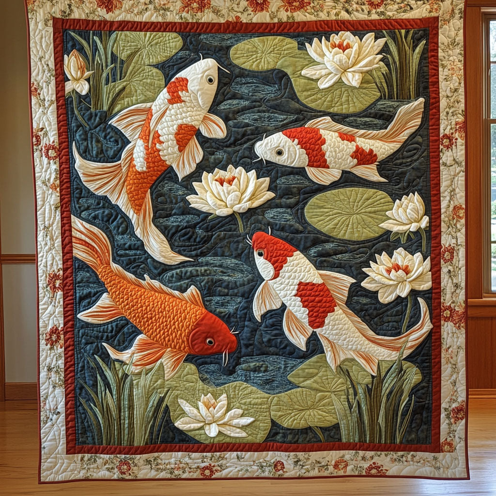 Peaceful Lotus Quilt Blanket Queen Size Blanket Gift For Koi Fish Lovers