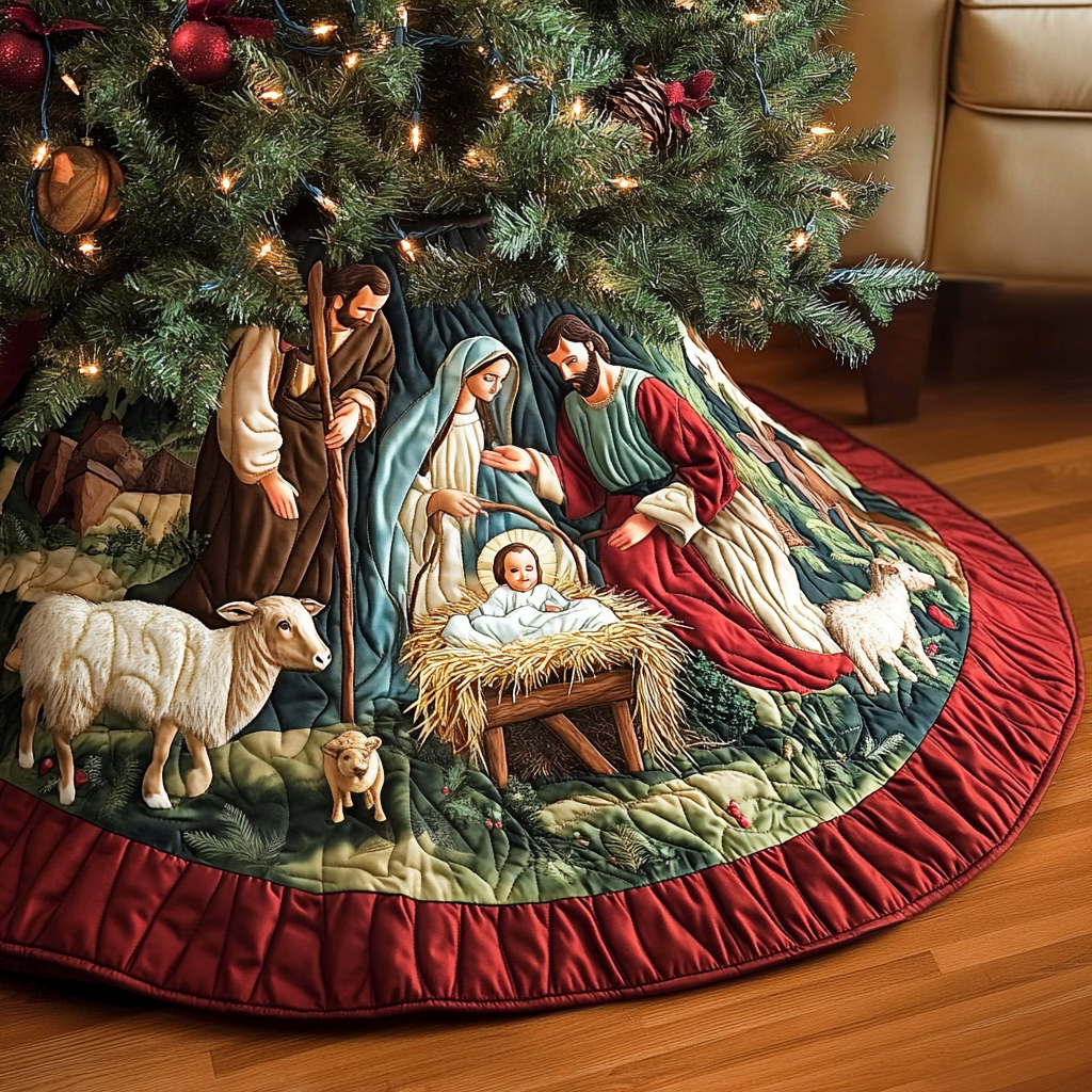 Peaceful Manger Christmas Quilted Tree Skirt Seasonal Gift Merch for Festive Homes