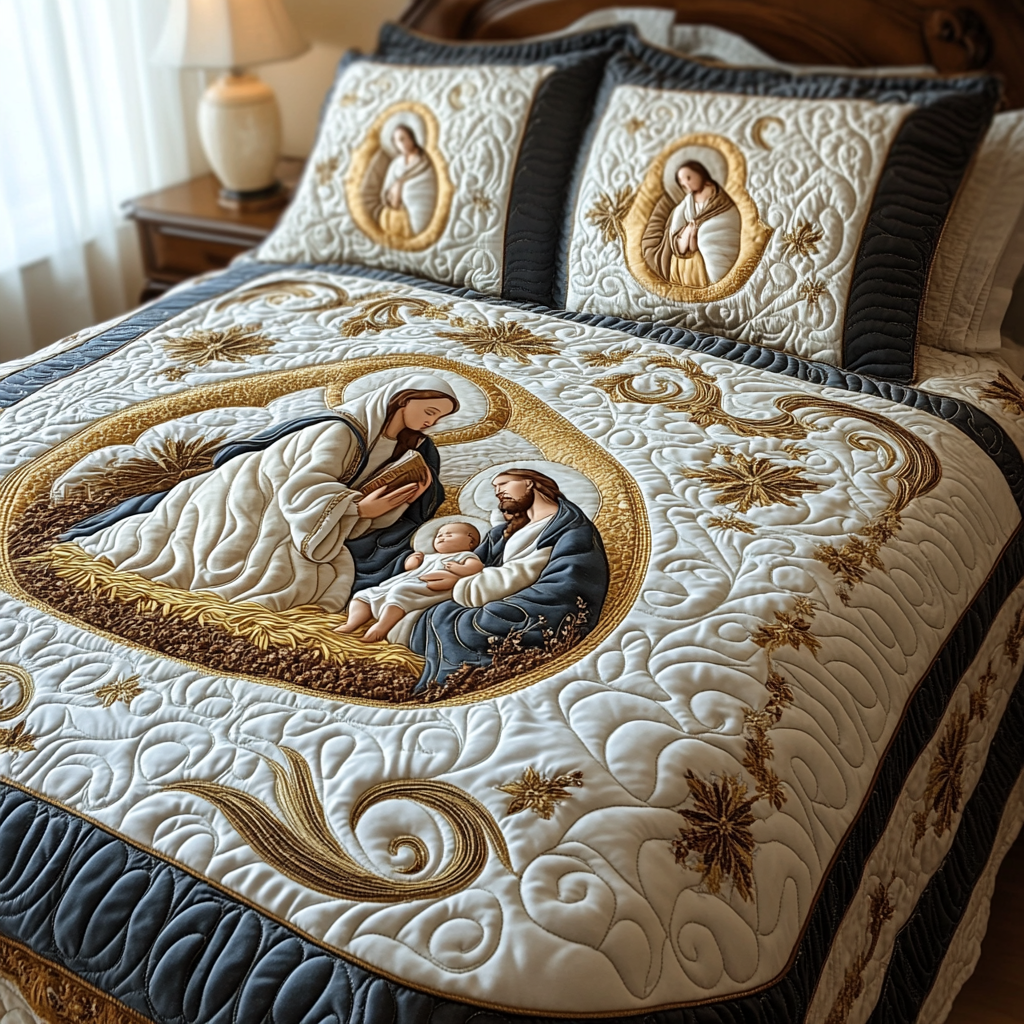 Peaceful Manger Moment Quilted Bedding Set King Size Comforter Christmas Presents For Wife