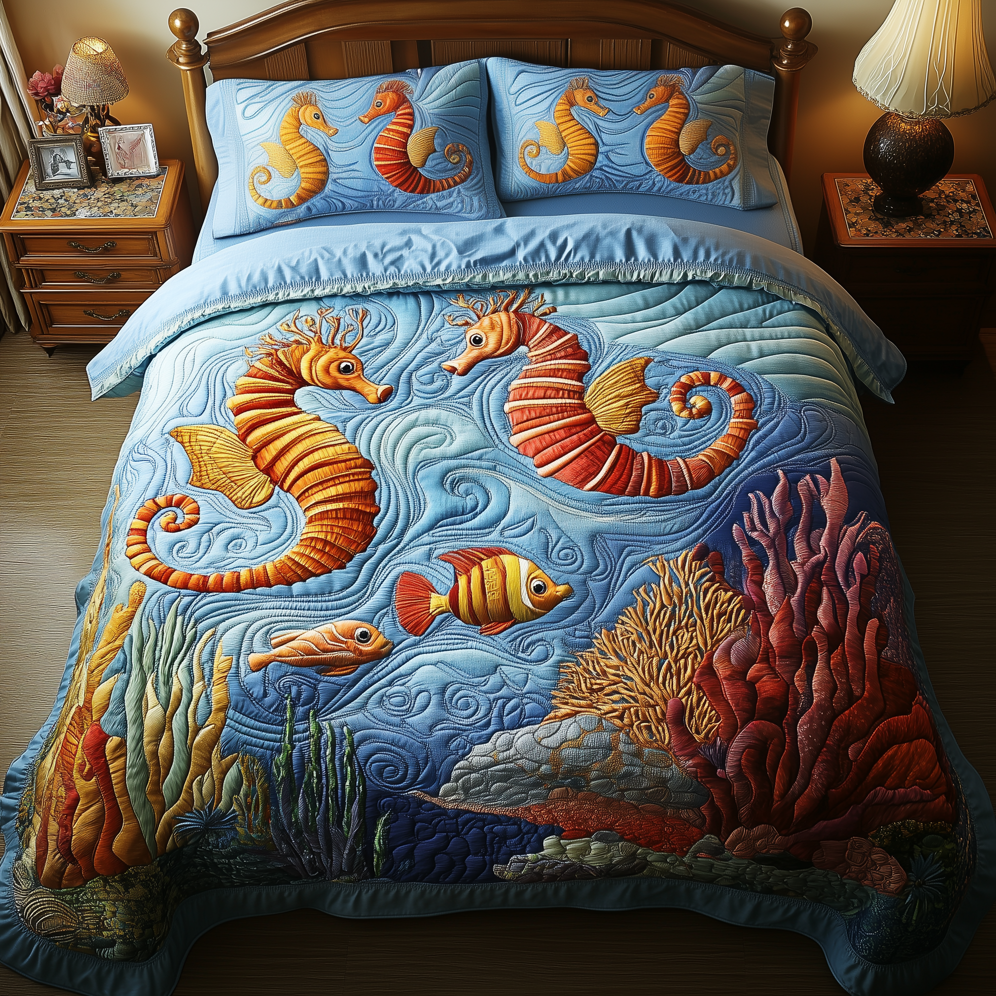 Peaceful Marine Life Quilted Bedding Set Gifts For Ocean Lovers