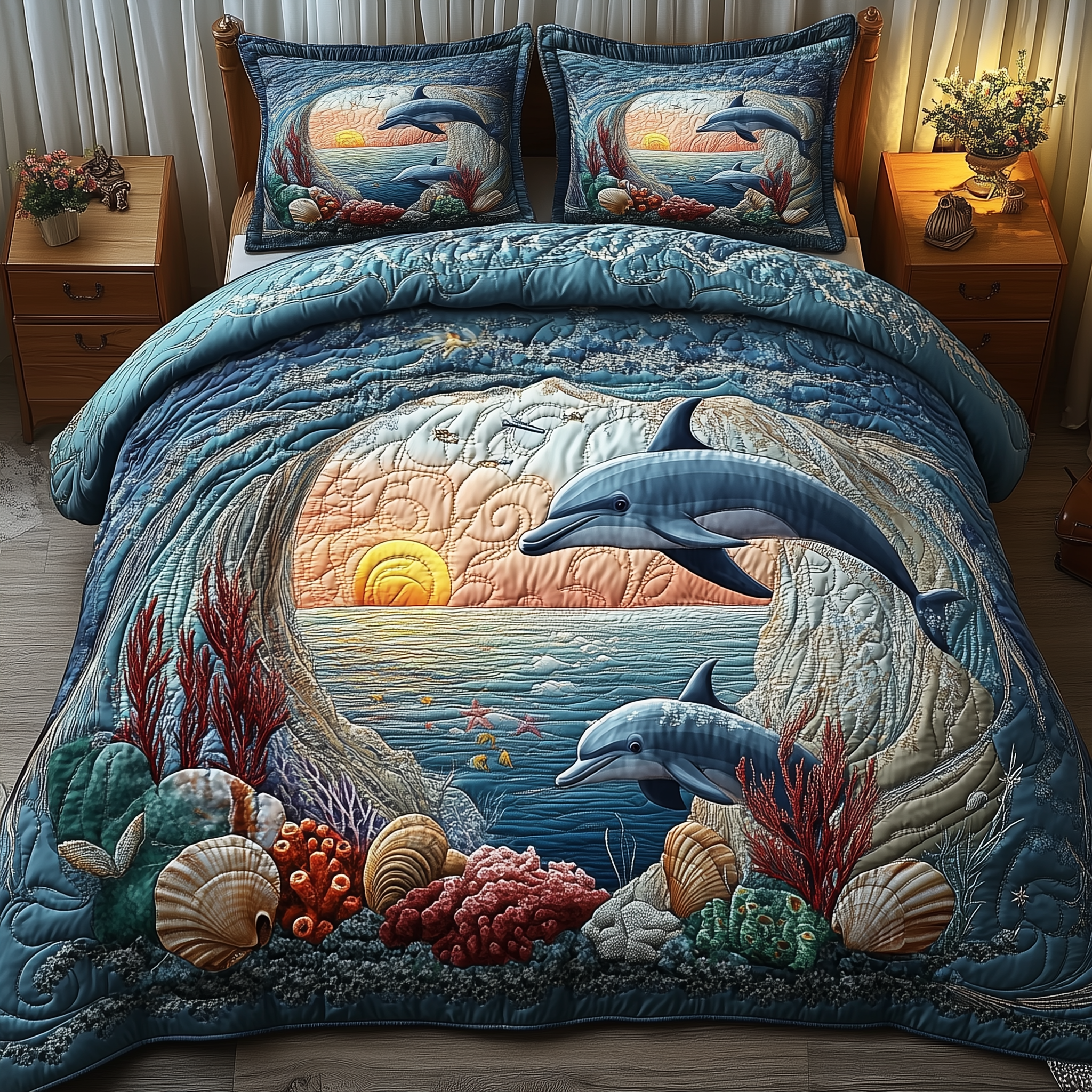 Peaceful Marine Life Quilted Bedding Set Gifts For Sea Turtle Lovers