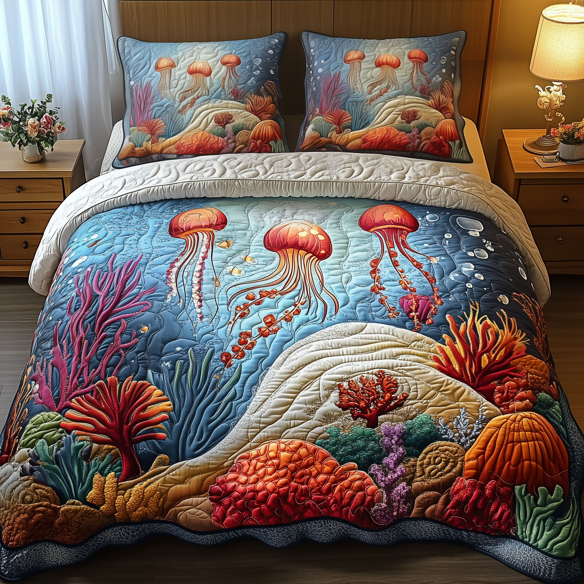 Peaceful Marine Life Quilted Bedding Set Unique Gifts For Ocean Lovers