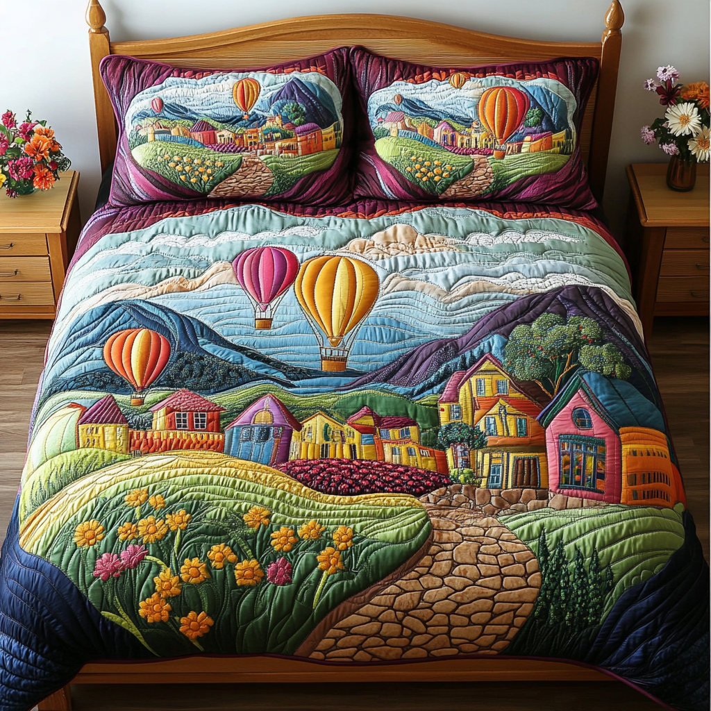 Peaceful Path Quilted Bedding Set Bedroom Decor Ideas Sky Air Balloon Theme Items