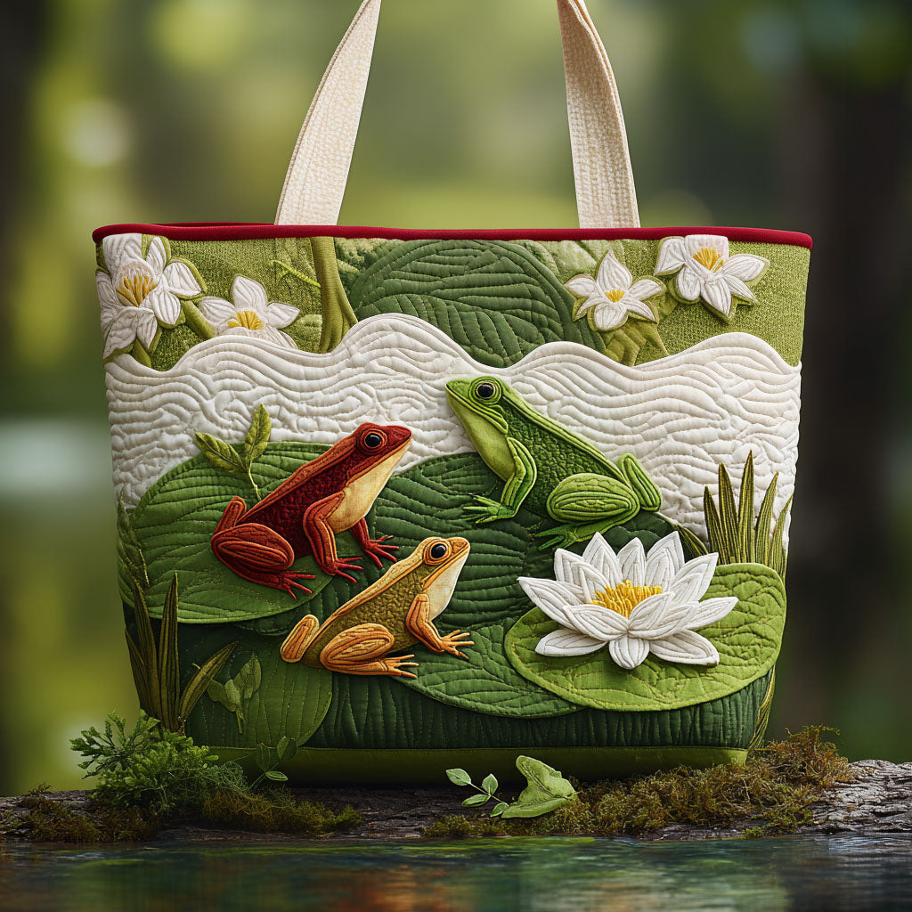 Peaceful Pondside Quilted Tote Bag Cute Frog Themed Gifts