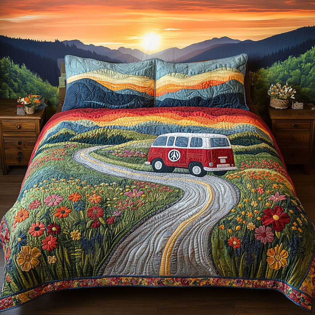 Peaceful Road to Tennessee Quilted Bedding Set Bedroom Decor Birthday Gift For Hippie Friend