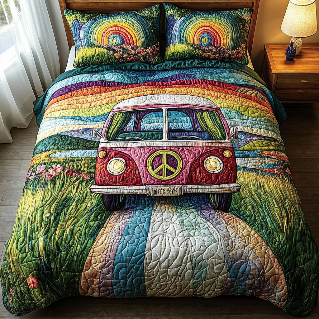 Peaceful Roads Quilted Bedding Set Cozy Bedroom Decor Hippie Christmas Gifts
