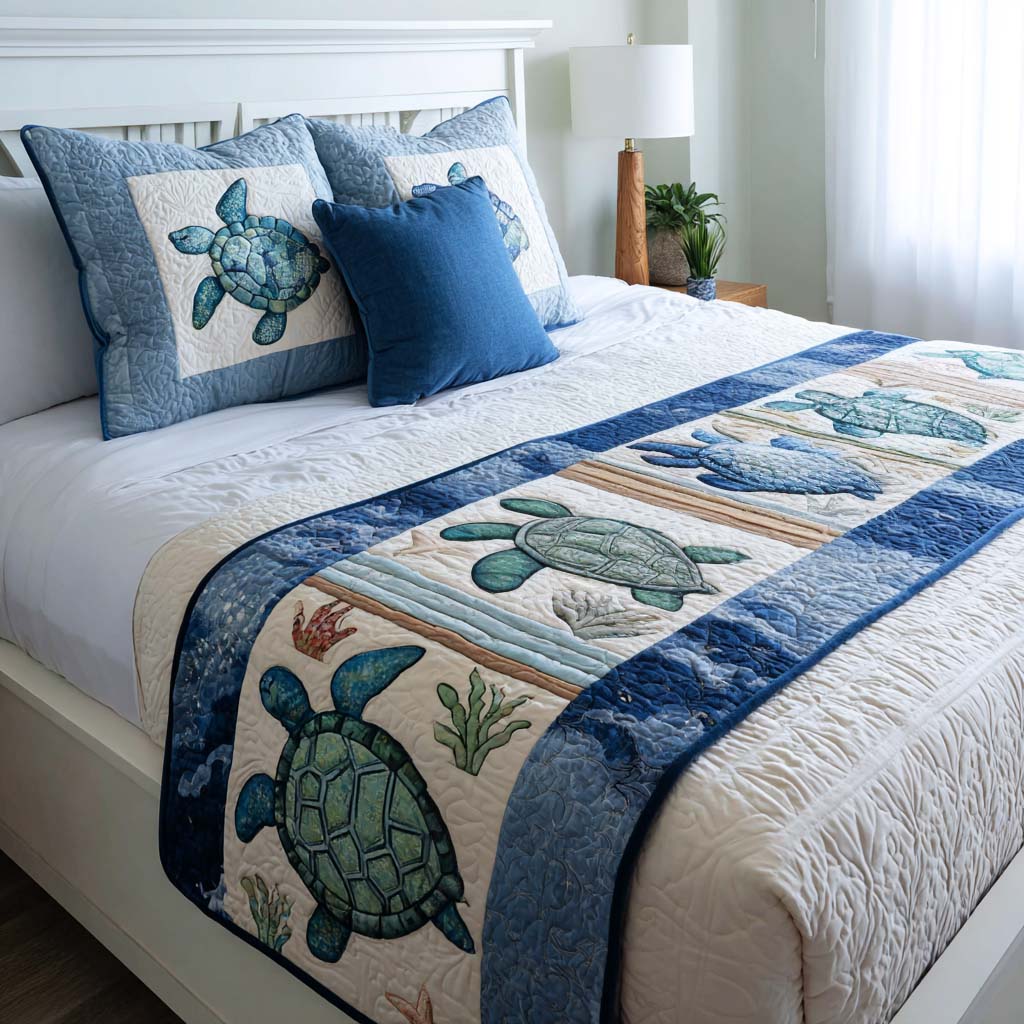 Peaceful Shell Quilted Bed Runner Bed Room Decoration Sea Turtle Themed Gifts