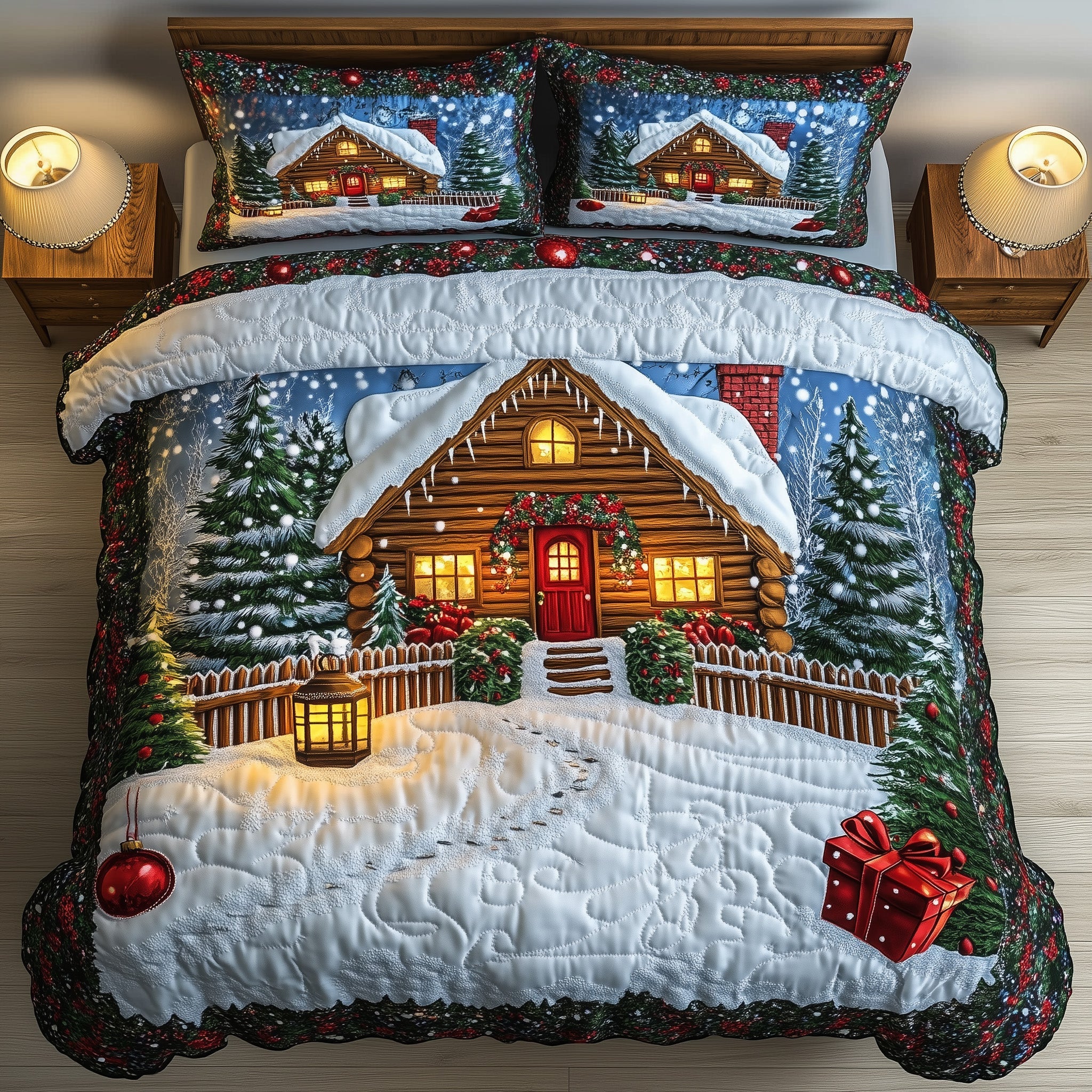 Peaceful Snow Cabin Quilted Bedding Set Christmas Wooden House Design Bedding Gifts
