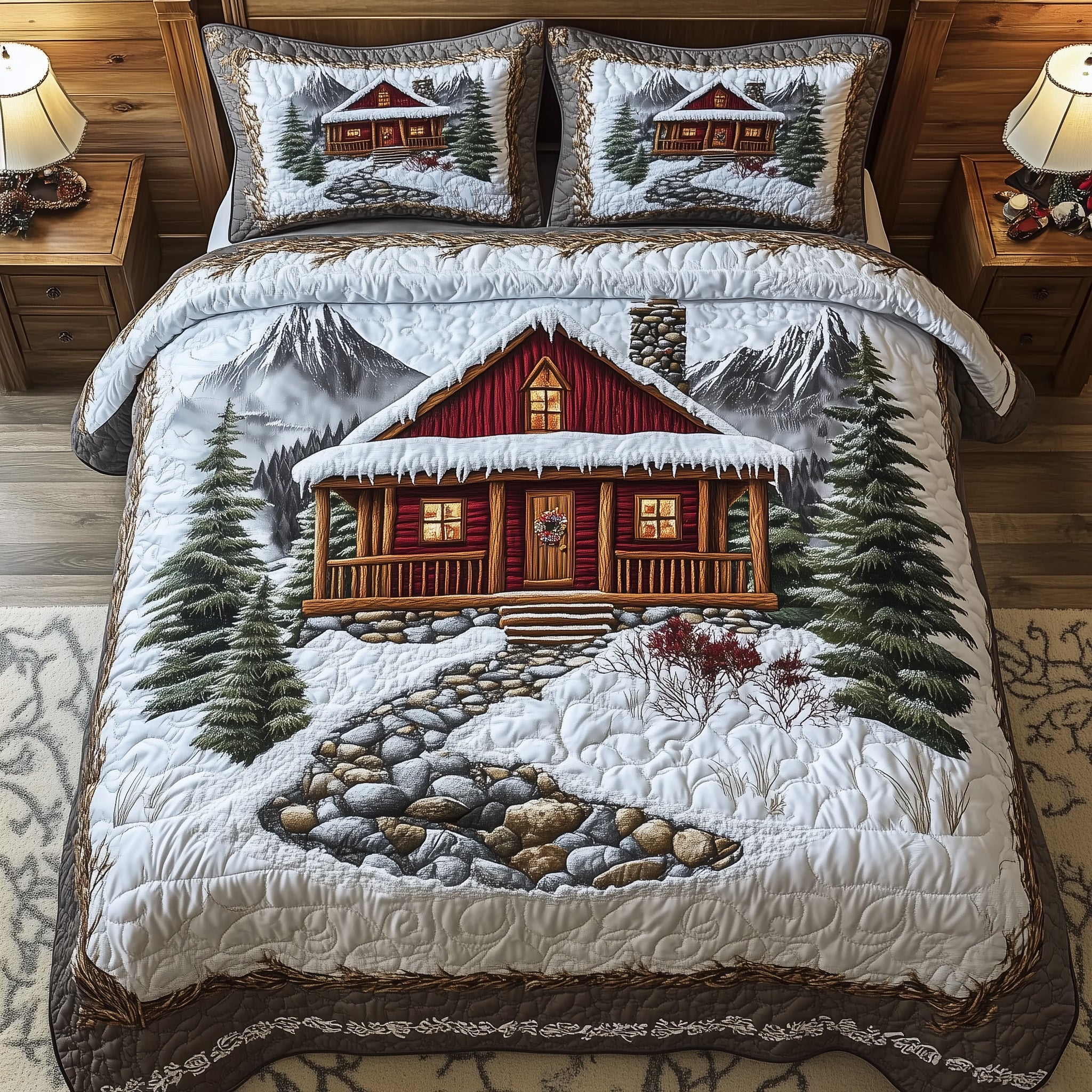 Peaceful Snow Cabin Quilted Bedding Set Cozy Winter Lodge Design Xmas Bedding Gift Ideas