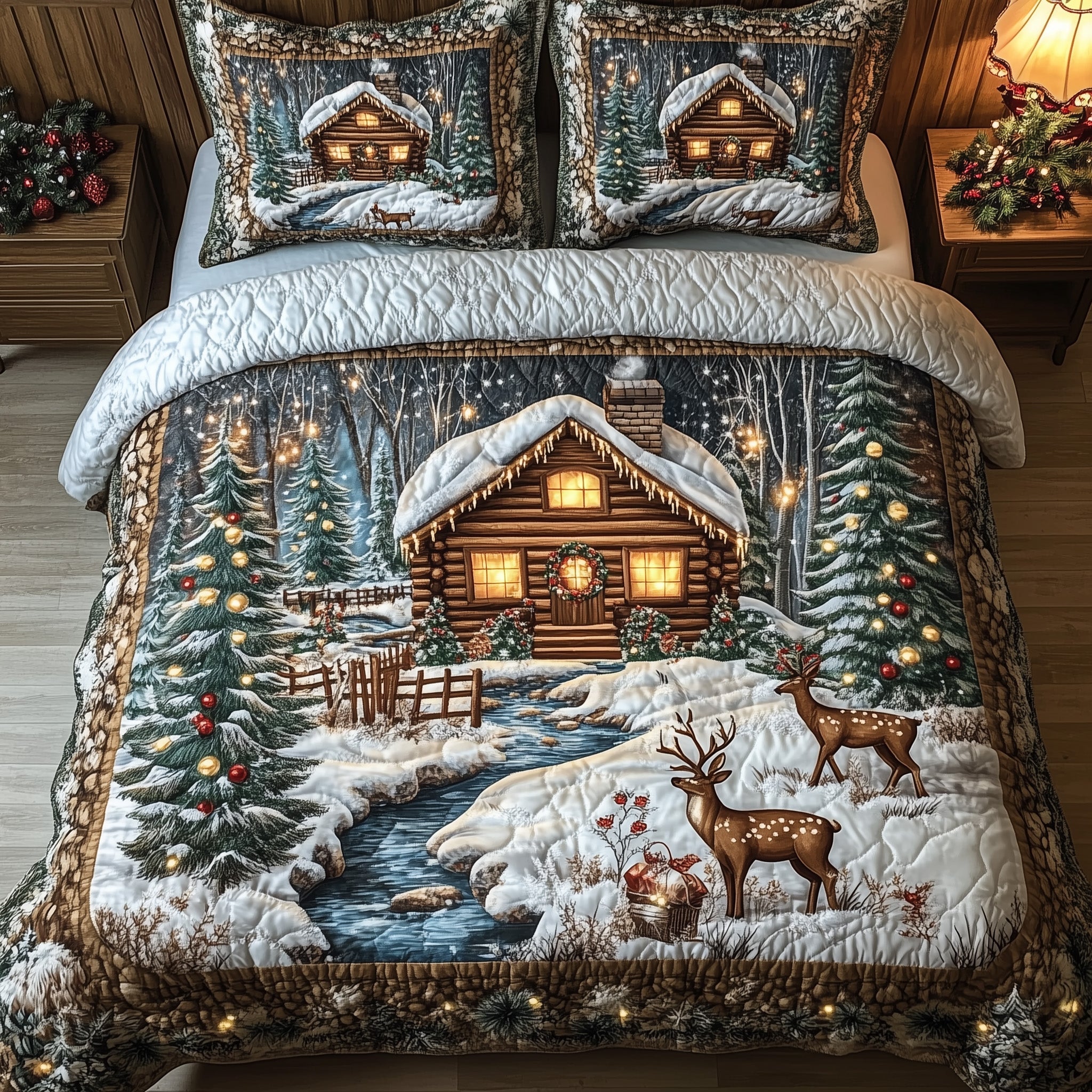 Peaceful Snow Cabin Quilted Bedding Set Cozy Xmas House Decor Best Holiday Bedroom Gifts