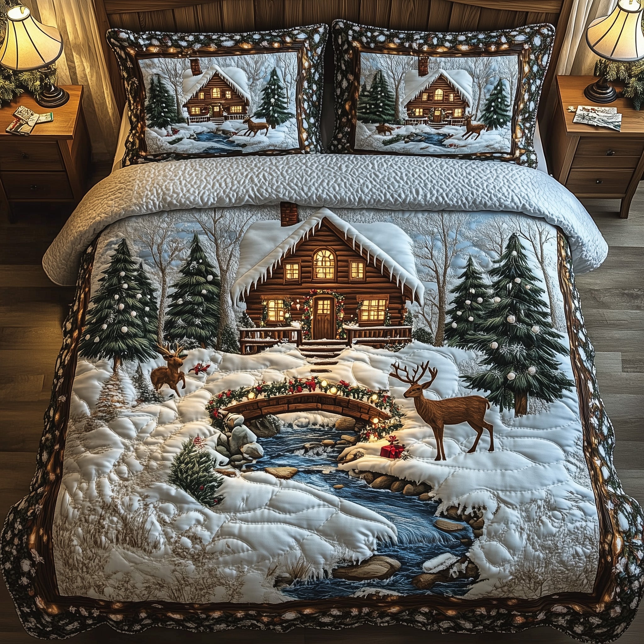 Peaceful Snow Cabin Quilted Bedding Set Cozy Xmas House Decor Unique Holiday Bedroom Gifts