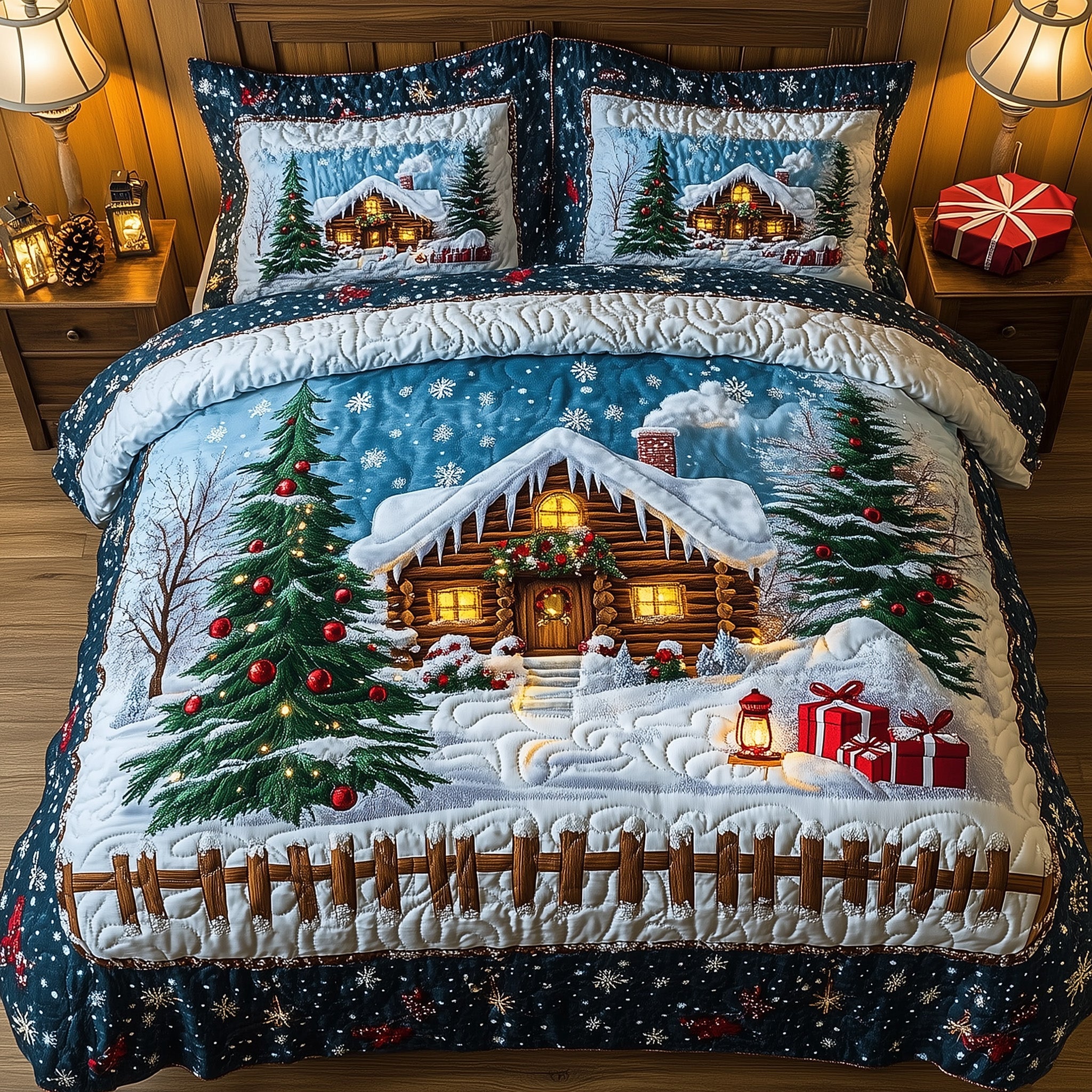 Peaceful Snow Cabin Quilted Bedding Set Warm Winter Lodge Design Xmas Bedding Gift Ideas