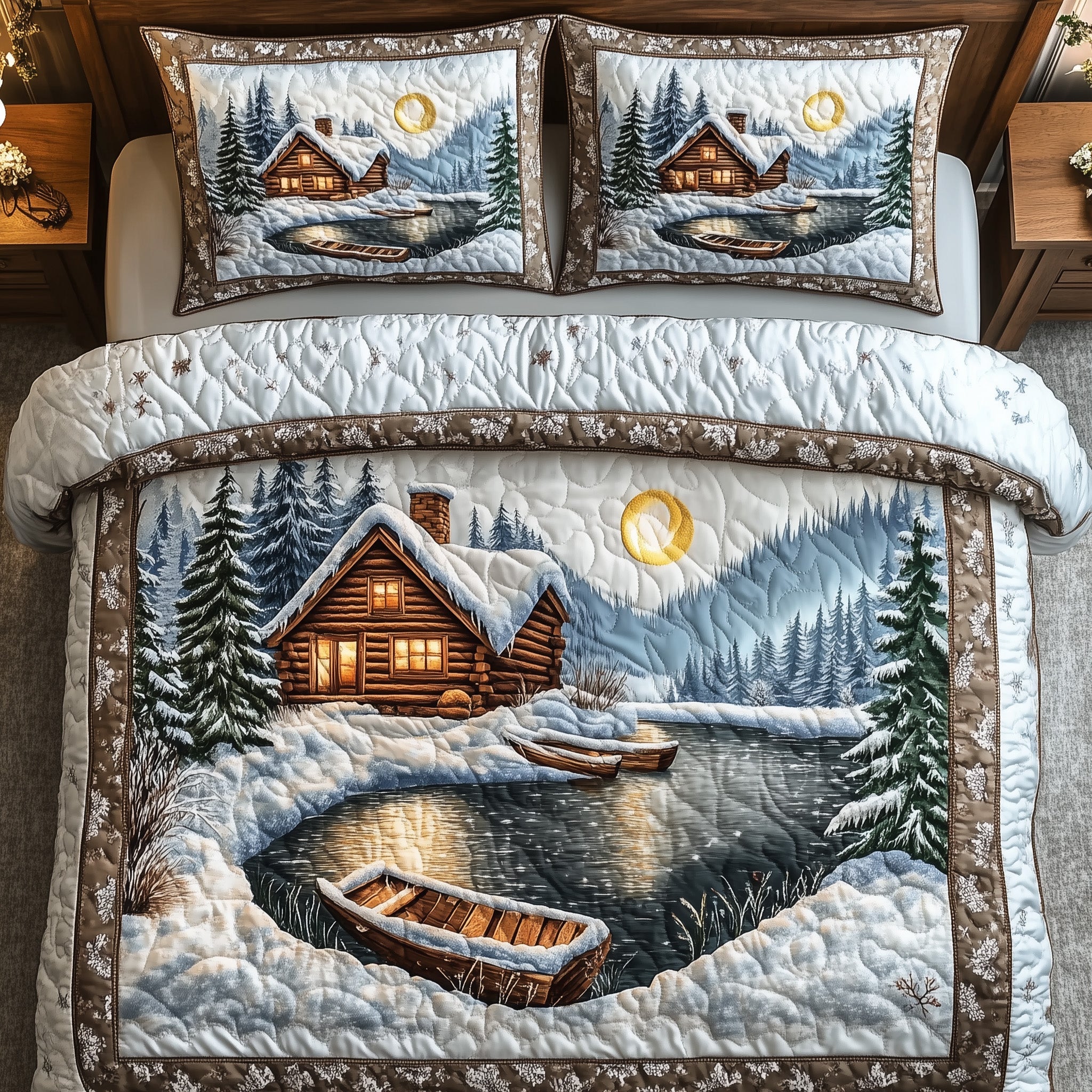 Peaceful Snow Cabin Quilted Bedding Set Winter Scenery Christmas Design Bedding Gifts