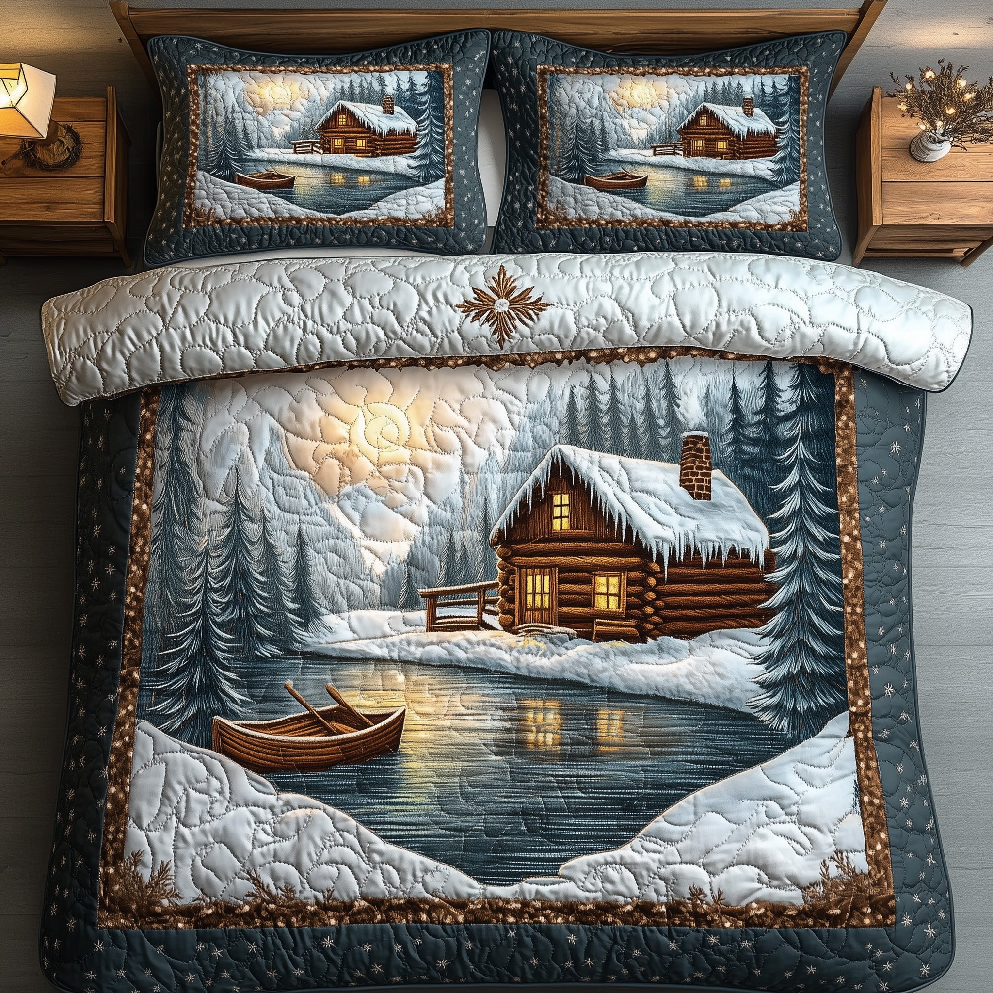 Peaceful Snow Cabin Quilted Bedding Set Wooden House Glacier Christmas Design Bedding Gifts