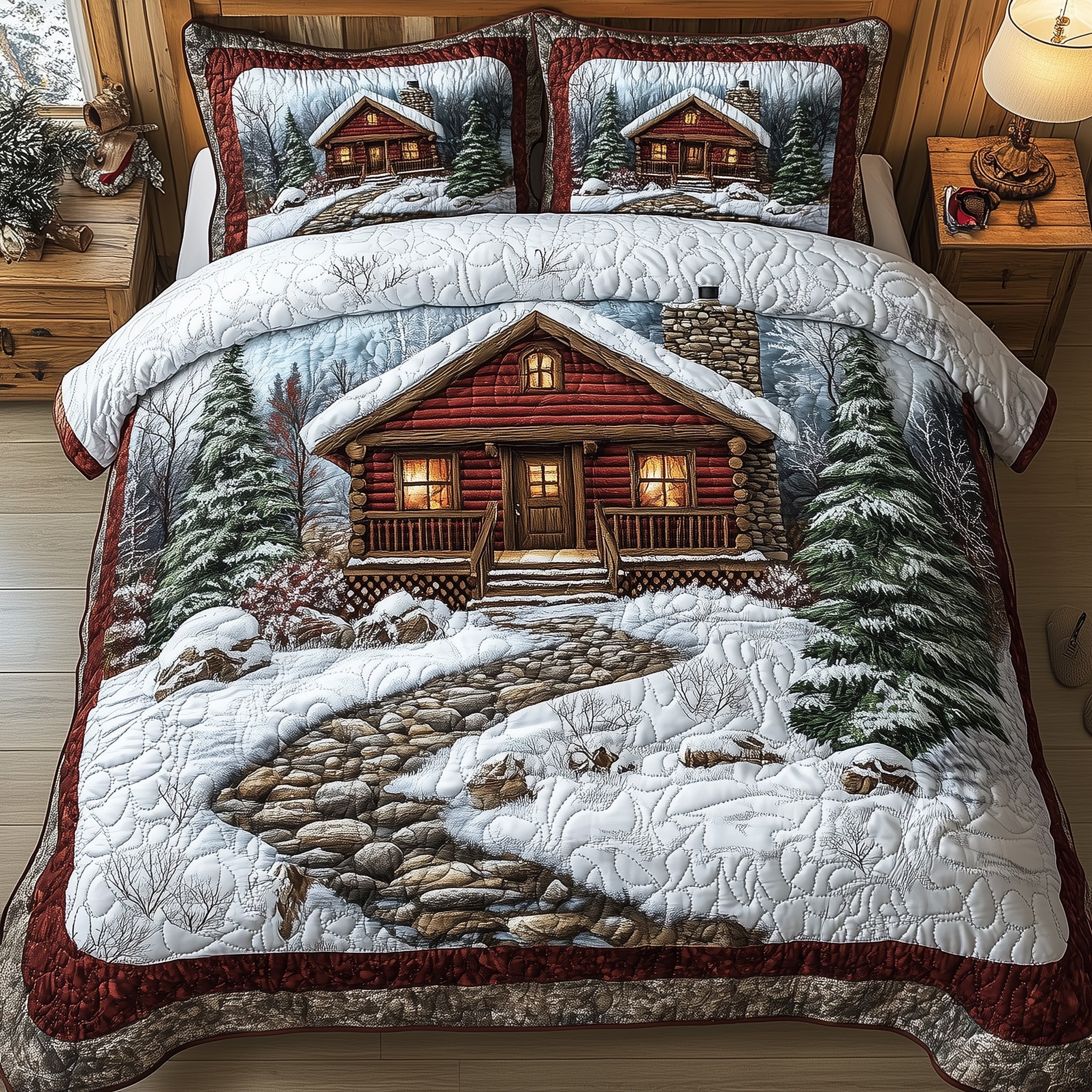 Peaceful Snow Cabin Quilted Bedding Set Wooden House In Forest Christmas Design Bedding Gifts