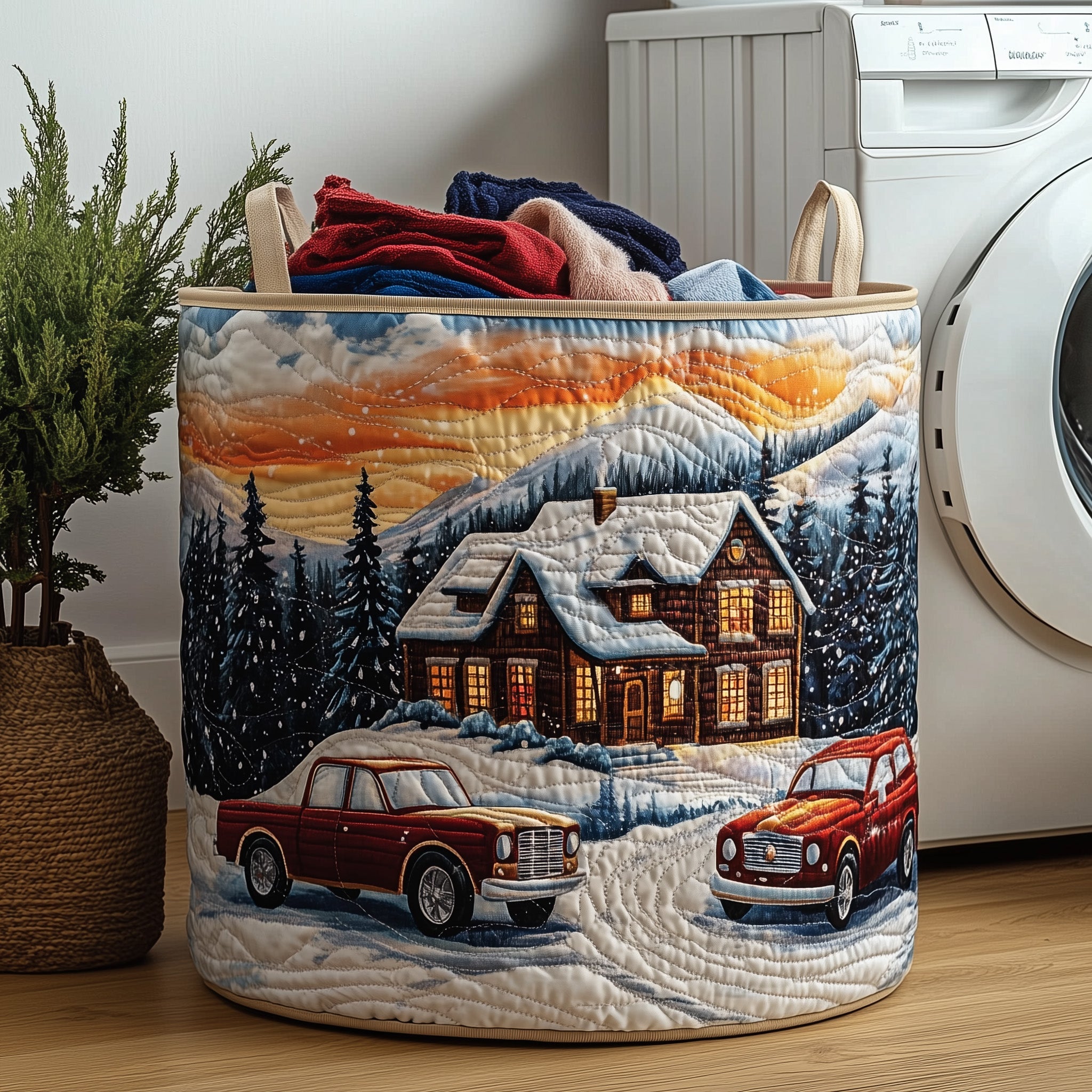 Peaceful Snow Cabin Quilted Laundry Basket Father's Day Merch Gift