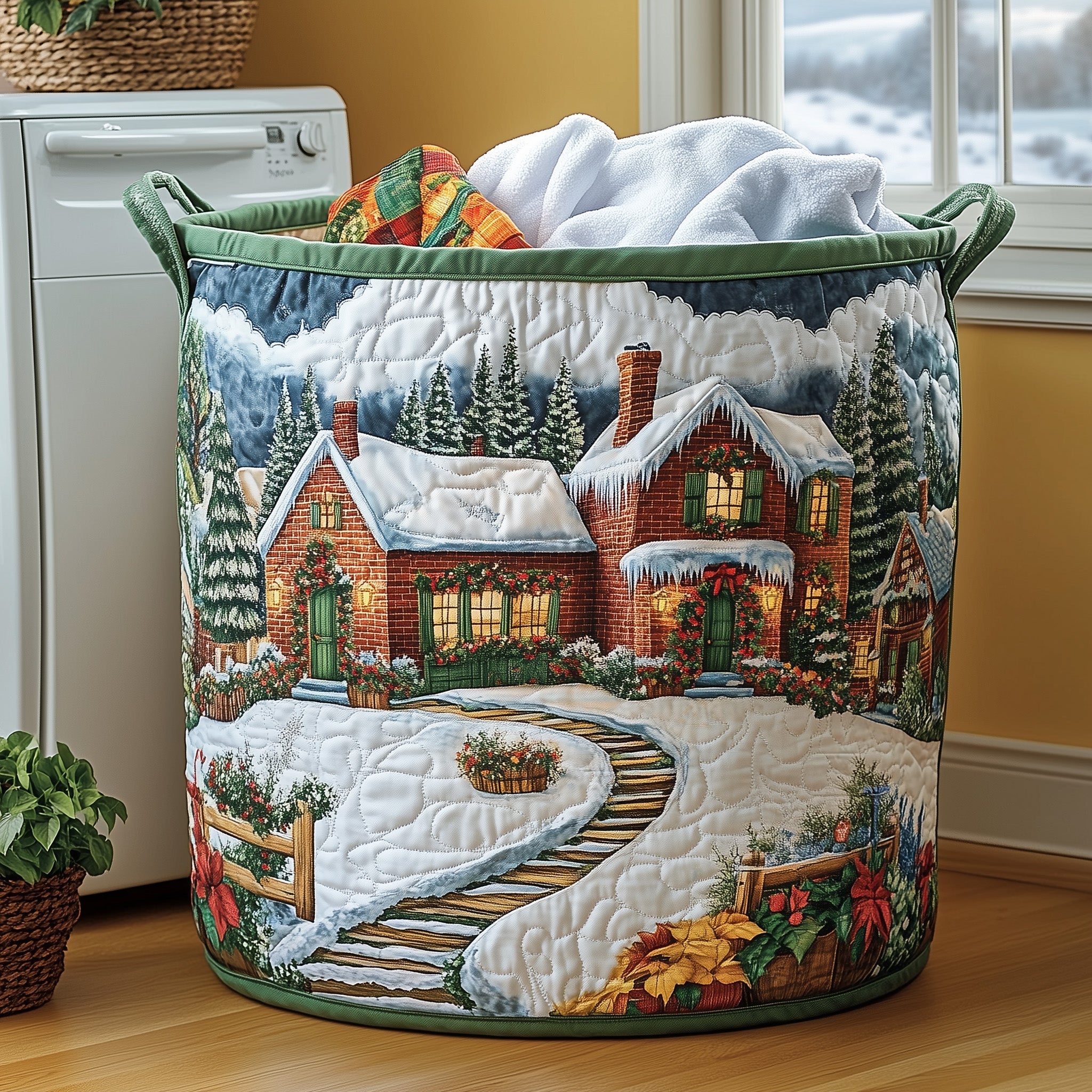 Peaceful Snow Cabin Quilted Laundry Basket Gftohd10329 Merch For Home And Living