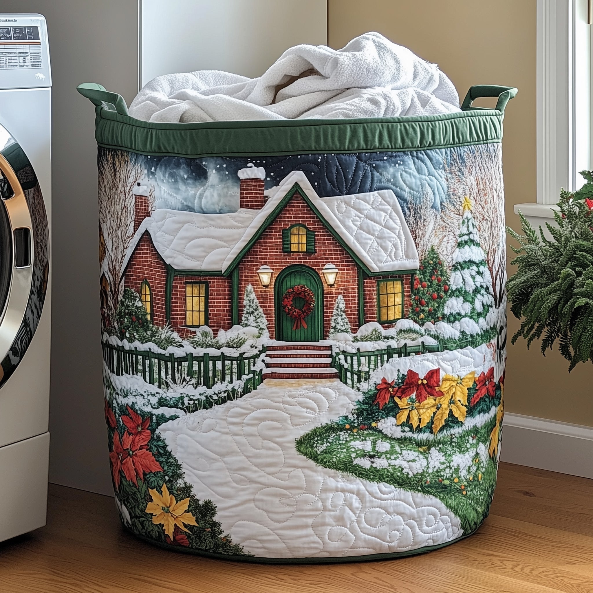 Peaceful Snow Cabin Quilted Laundry Basket Gift To Brighten Their Day