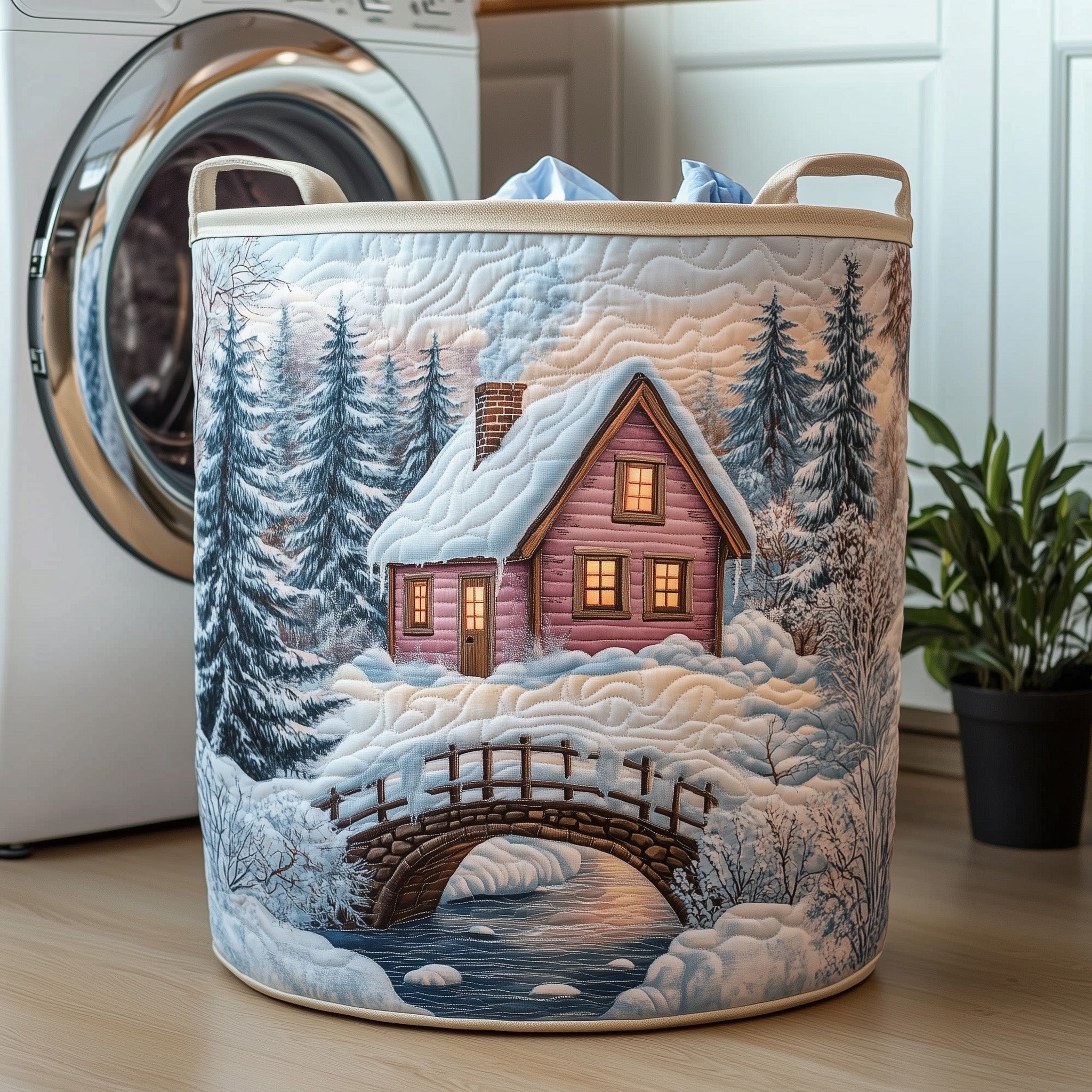 Peaceful Snow Cabin Quilted Laundry Basket Perfect Gift For Your House