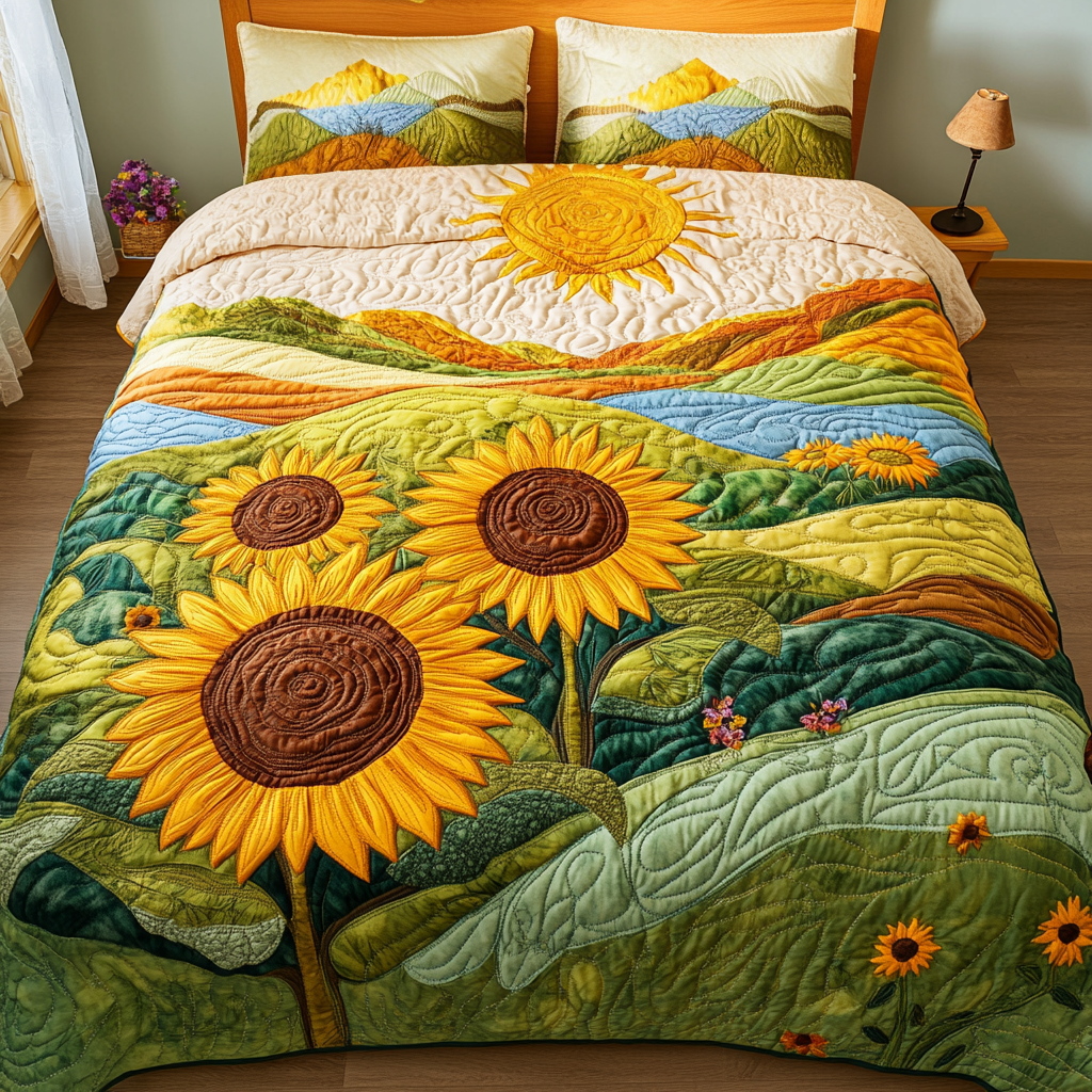 Peaceful Sunflowers Quilted Bedding Set Luxury Bed Sheet Gift Set for Ultimate Comfort