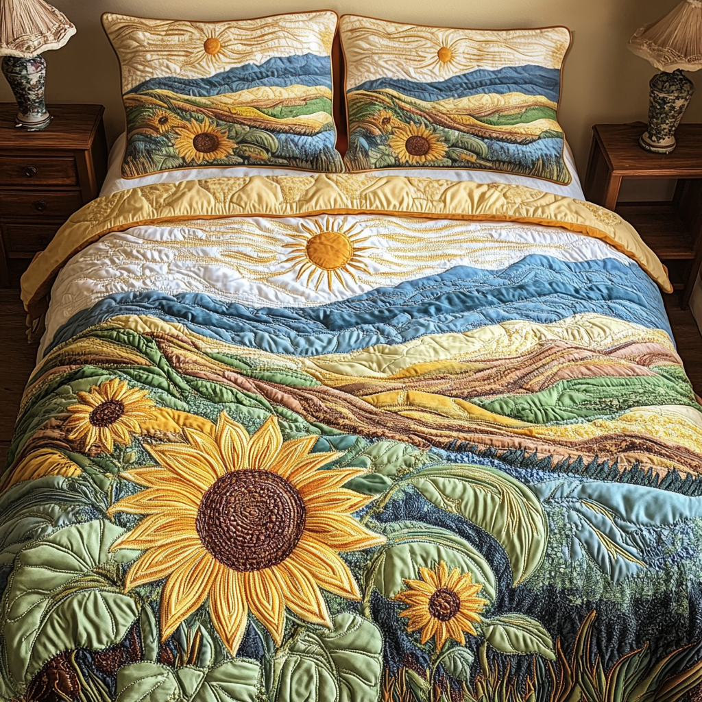 Peaceful Sunflowers Quilted Bedding Set Queen Size Comforter Birthday Gift For Daughter In Law