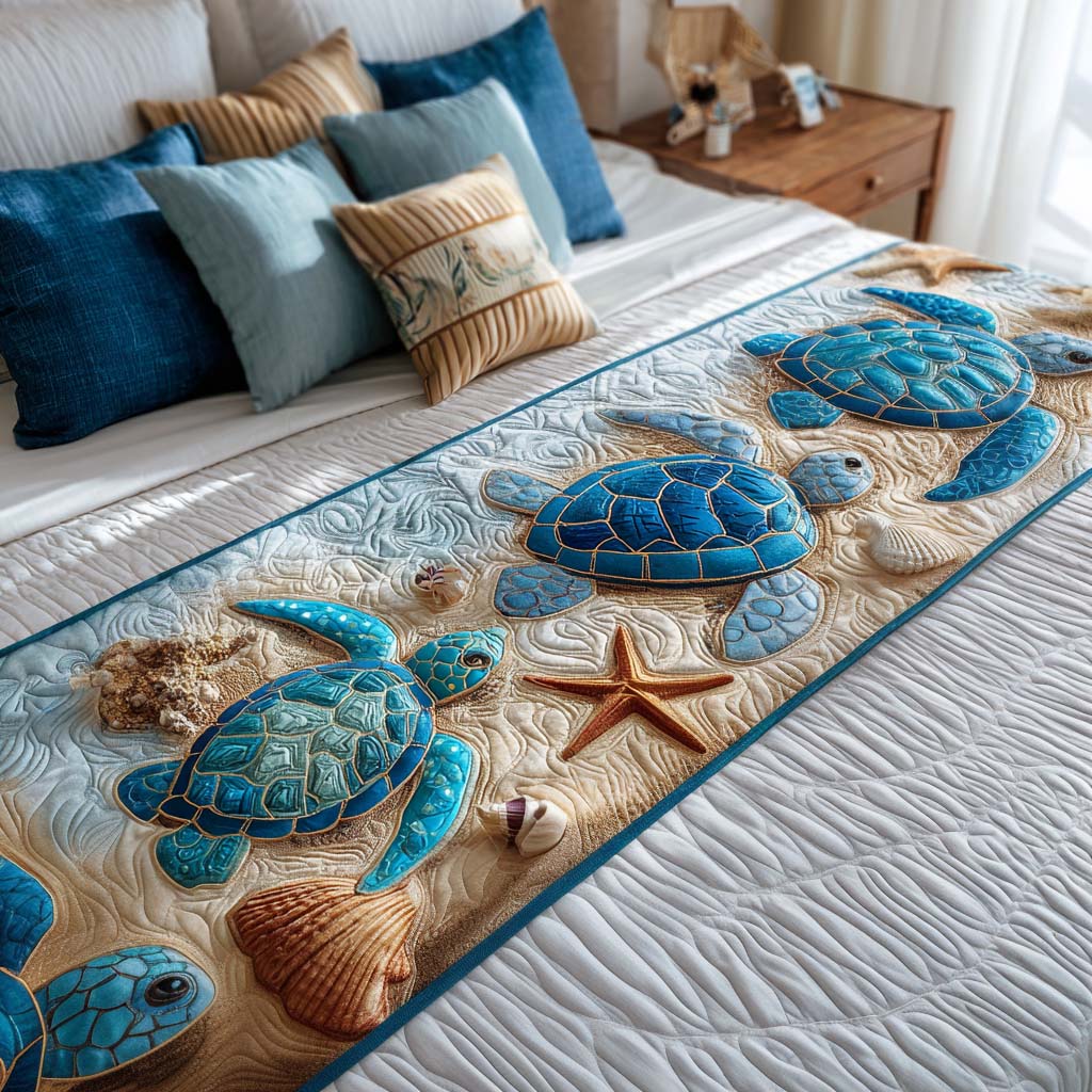 Peaceful Turtle Cove Quilted Bed Runner Bed Decor Ideas Sea Turtle Themed Gifts