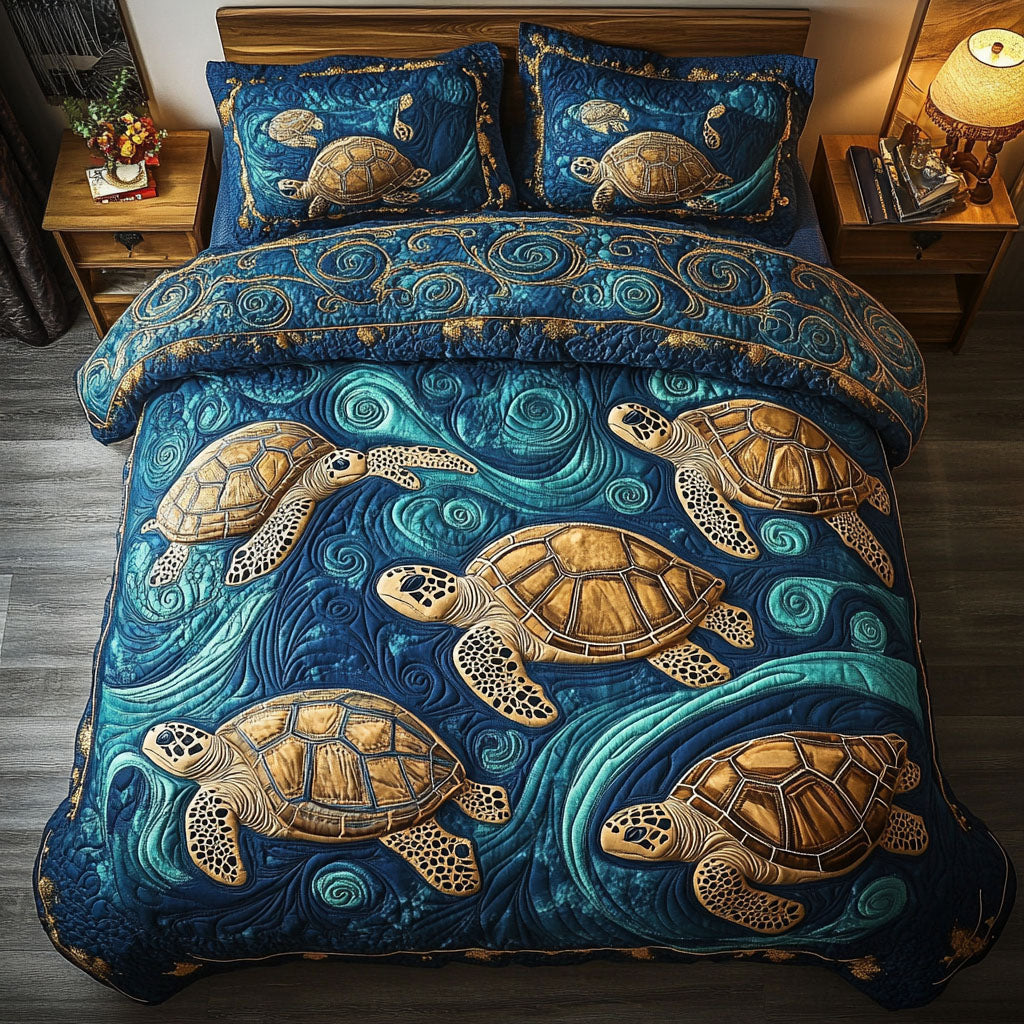 Peaceful Turtle Pond Quilted Bedding Set Holiday Duvet Covers Sea Turtle Gifts For Mom