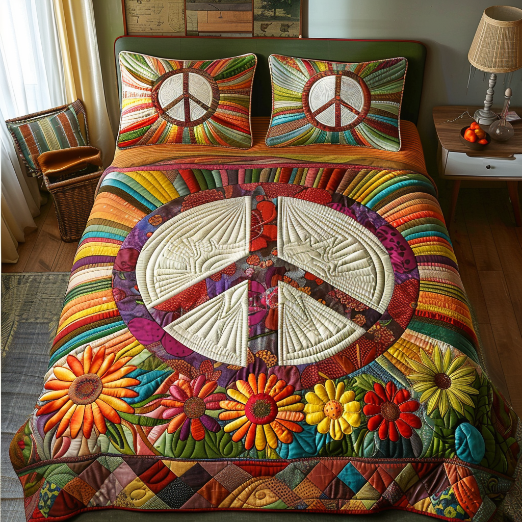 Peaceful Vibes Quilted Bedding Set Holiday Duvet Cover Set Gifts For Hippie Friends