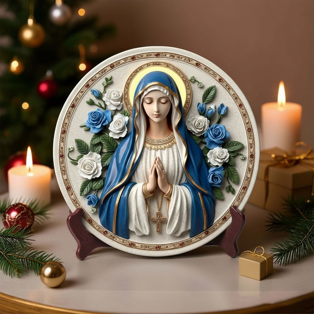 Peaceful Virgin Mary Roses Christmas Ceramic Plate 2025 Holiday Gifts For Women Of Faith