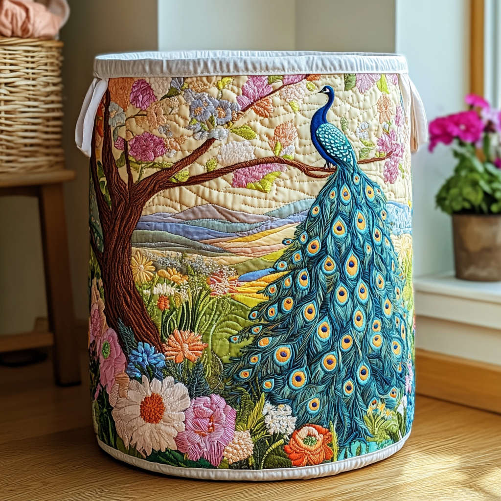 Peacock Bloom Quilted Laundry Basket Perfect Gift For College Dorm