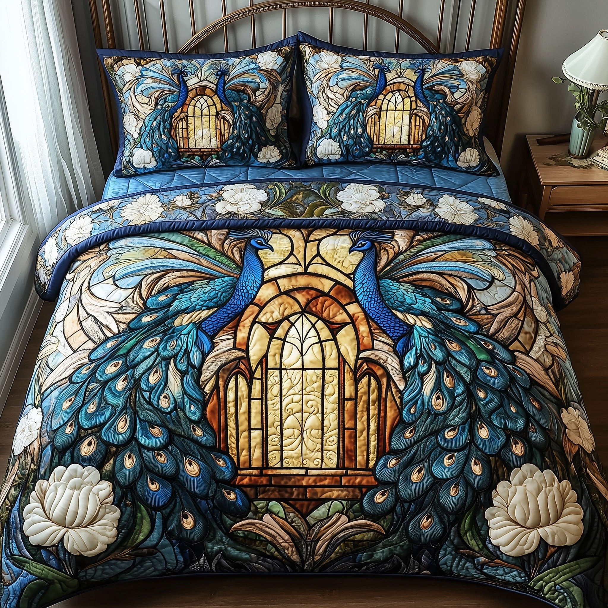 Peacock Chamber Quilted Bedding Set Duvet Cover Merchandise Unique Peacock Gift Ideas