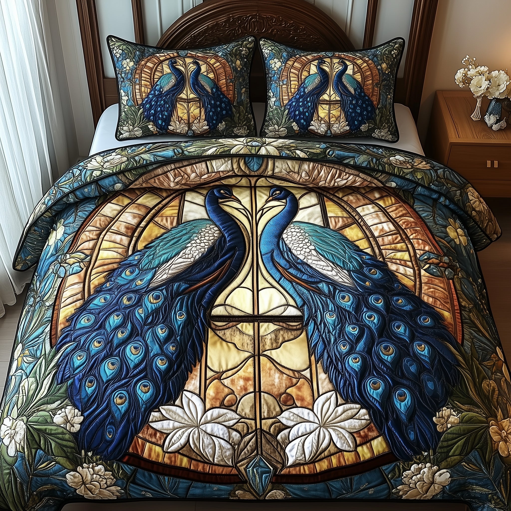 Peacock Chamber Quilted Bedding Set Duvet Cover Merchandise Unique Peacock Themed Gifts
