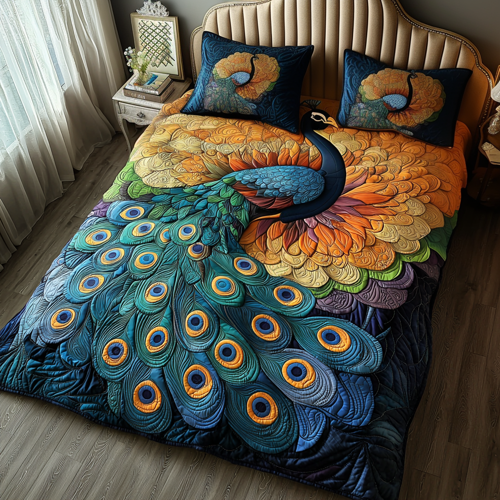 Peacock Charm Quilted Bedding Set Bedspread Set Gifts For Peacock Lovers