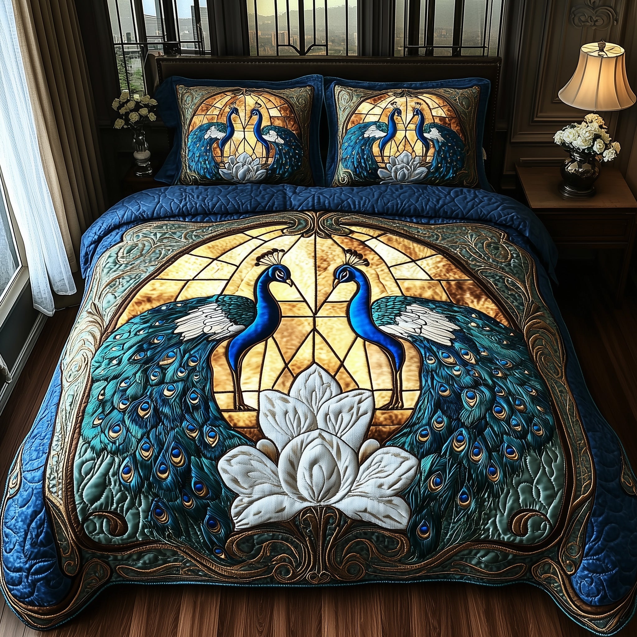 Peacock Charm Quilted Bedding Set Duvet Cover Merchandise Peacock Gifts Stuff