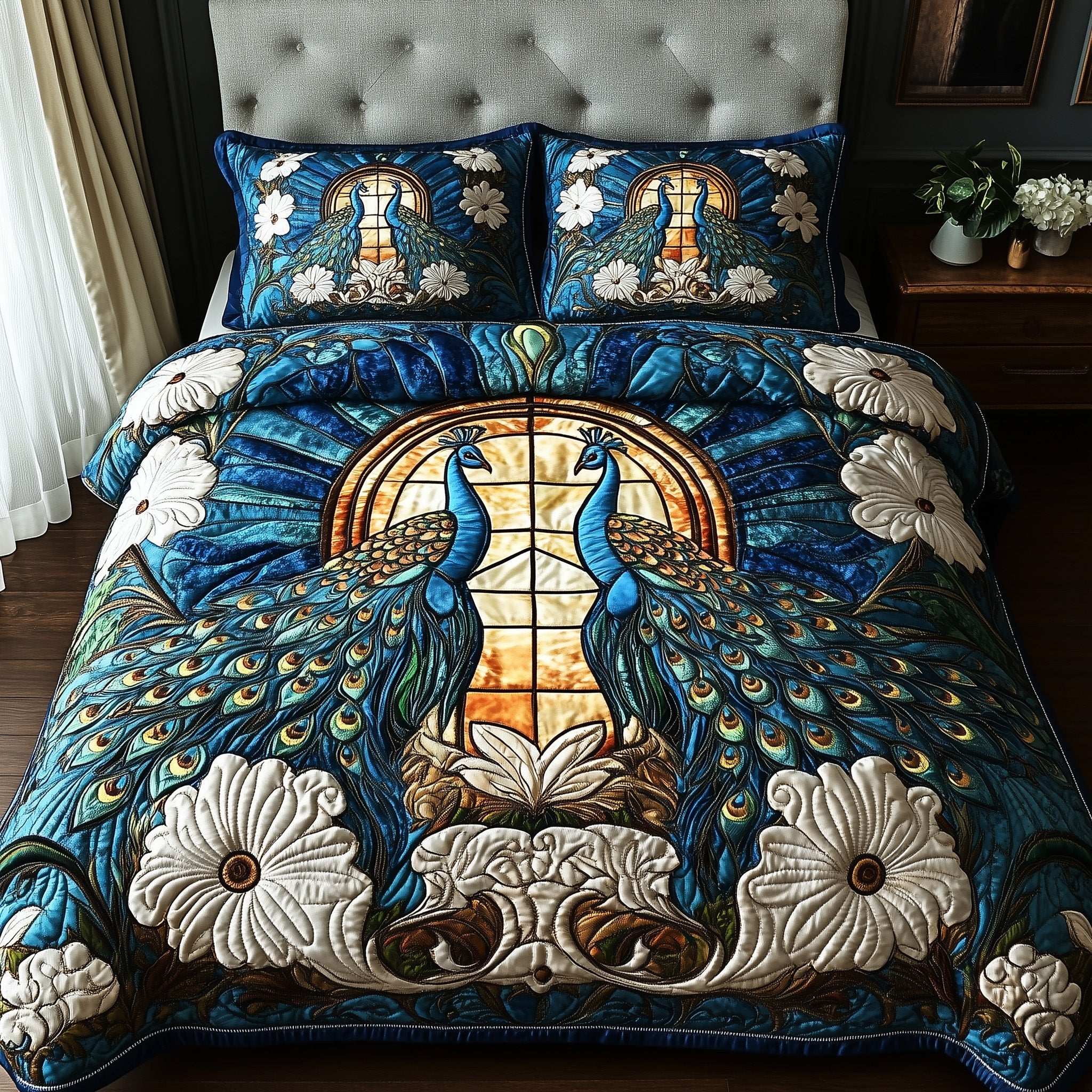 Peacock Charm Quilted Bedding Set Duvet Cover Merchandise Peacock Theme Gifts Items