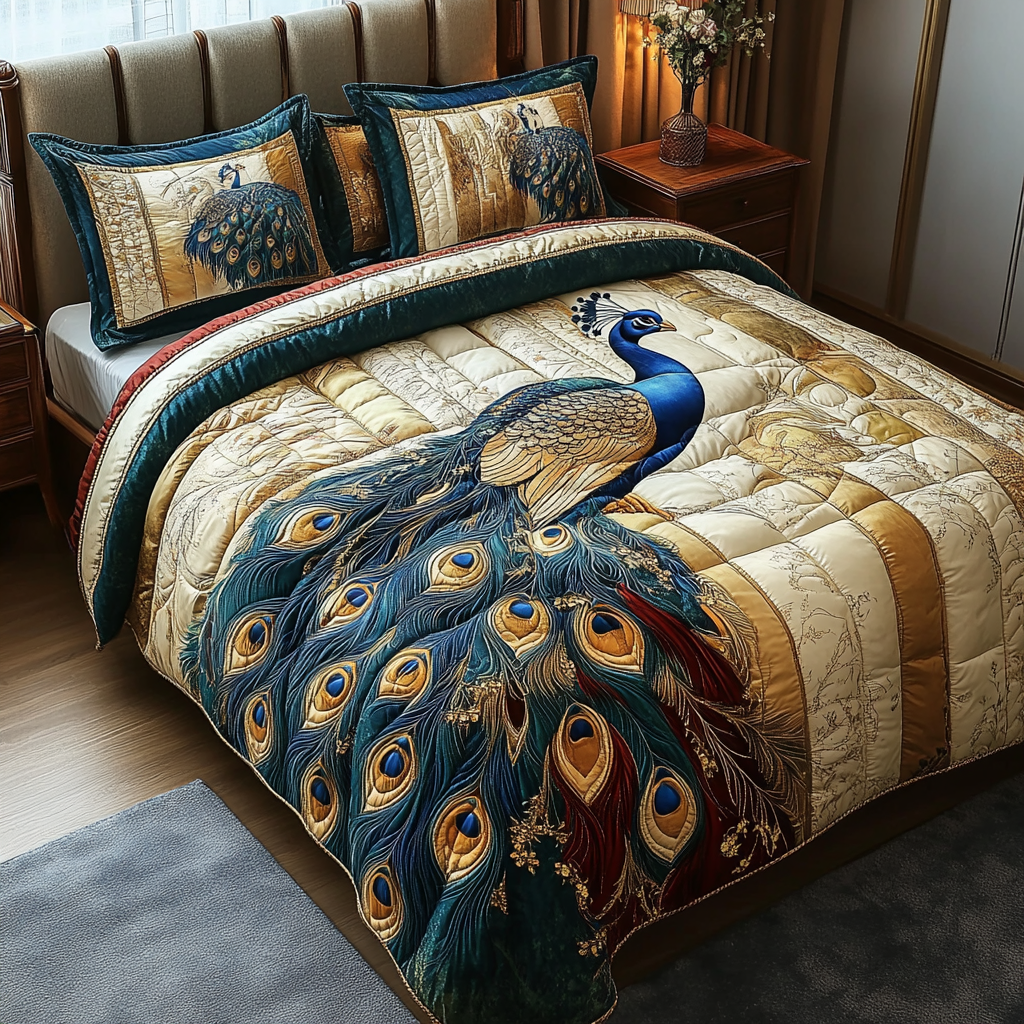 Peacock Charm Quilted Bedding Set Holiday Duvet Cover Set Peacock Lovers Presents