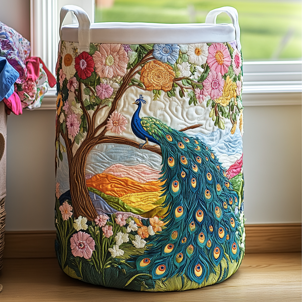 Peacock Charm Quilted Laundry Basket Holiday Gift For Laundry Lovers