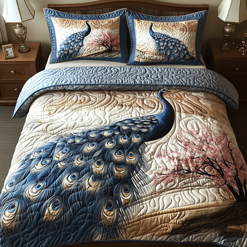 Peacock Elegance Quilted Bedding Set Cute Room Decor Peacock Merchandise Gifts